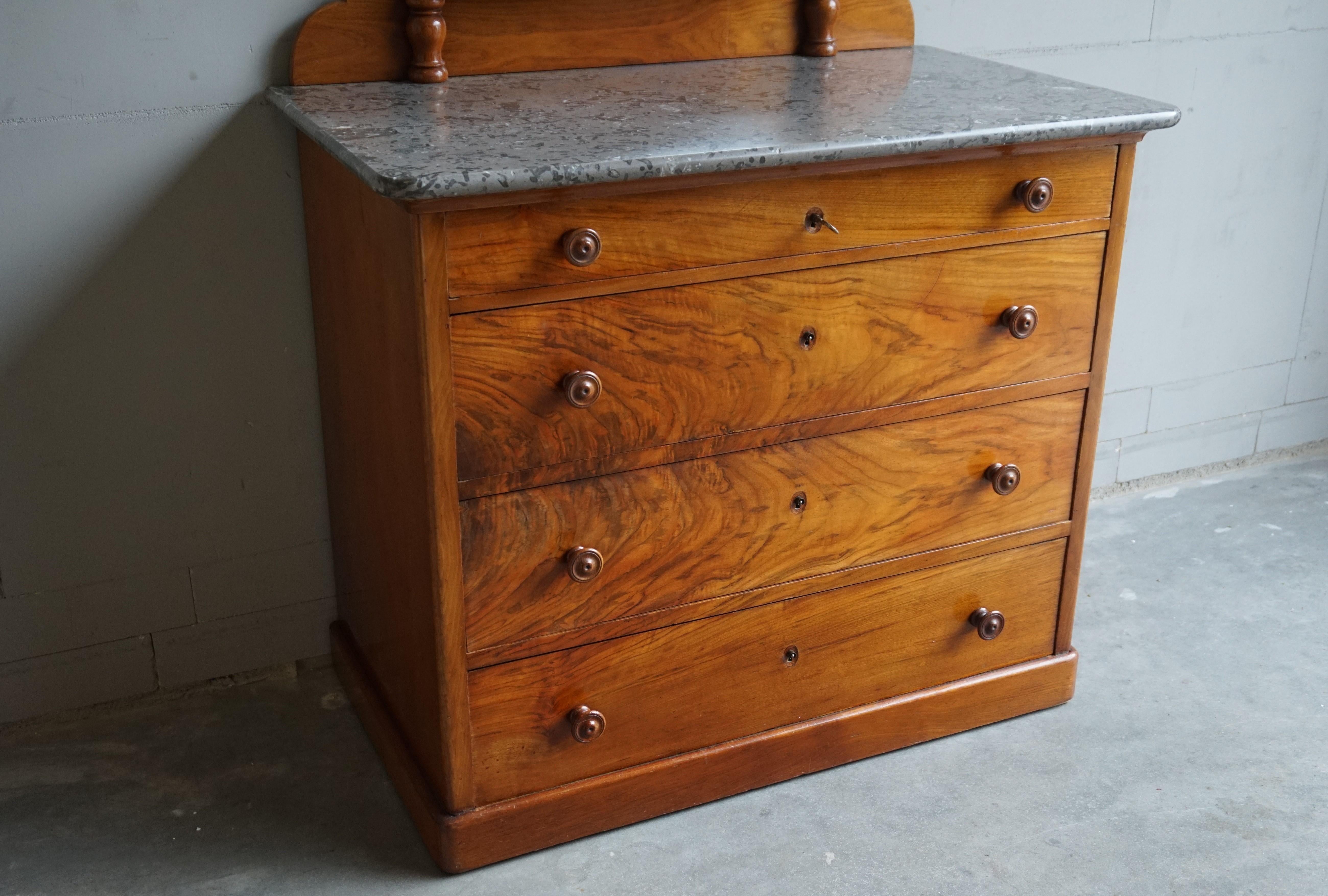 Cast Late 19th Century Chest of Drawers Vanity with Marble Top and Hinging Mirror For Sale