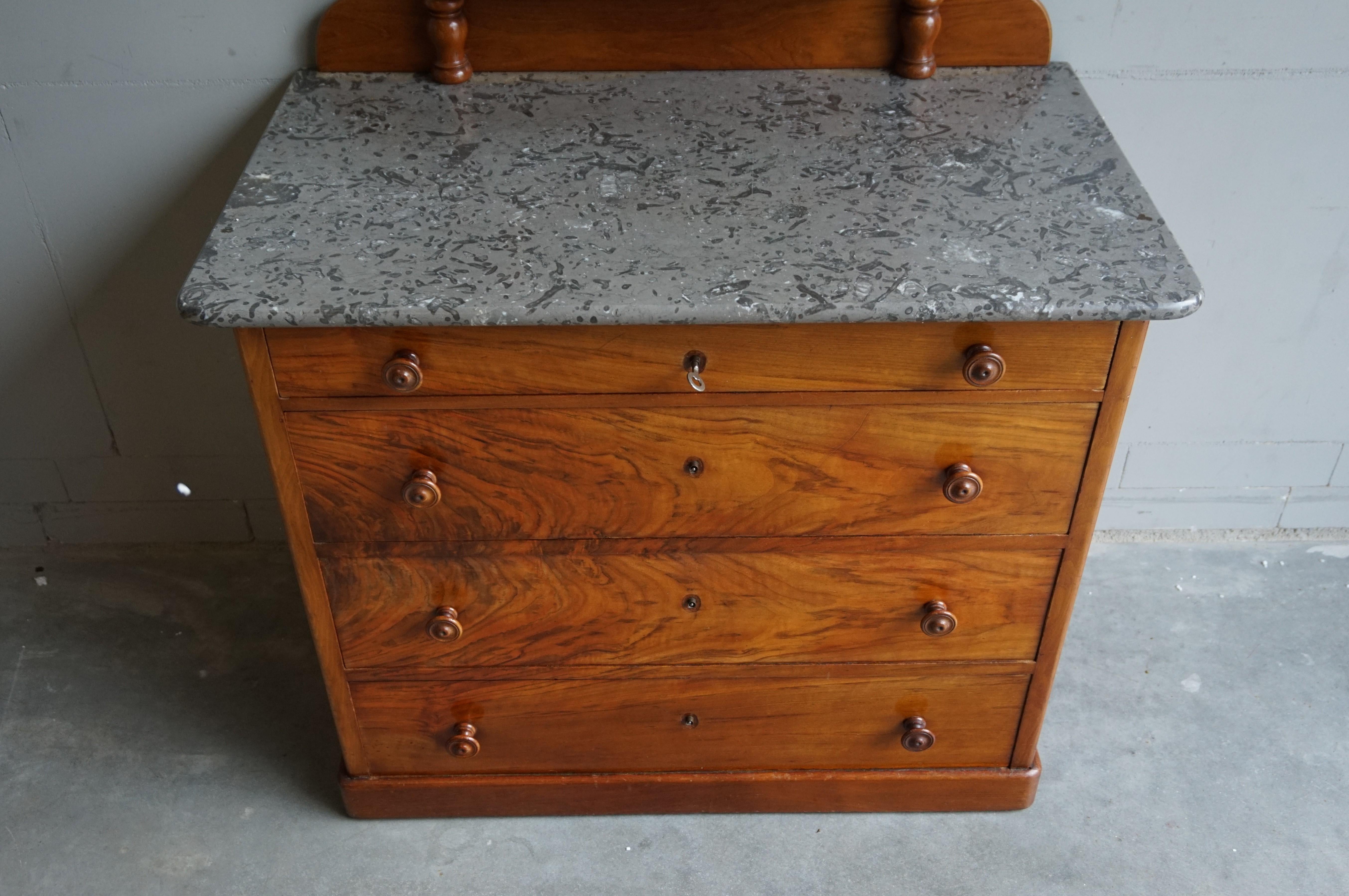 Brass Late 19th Century Chest of Drawers Vanity with Marble Top and Hinging Mirror For Sale