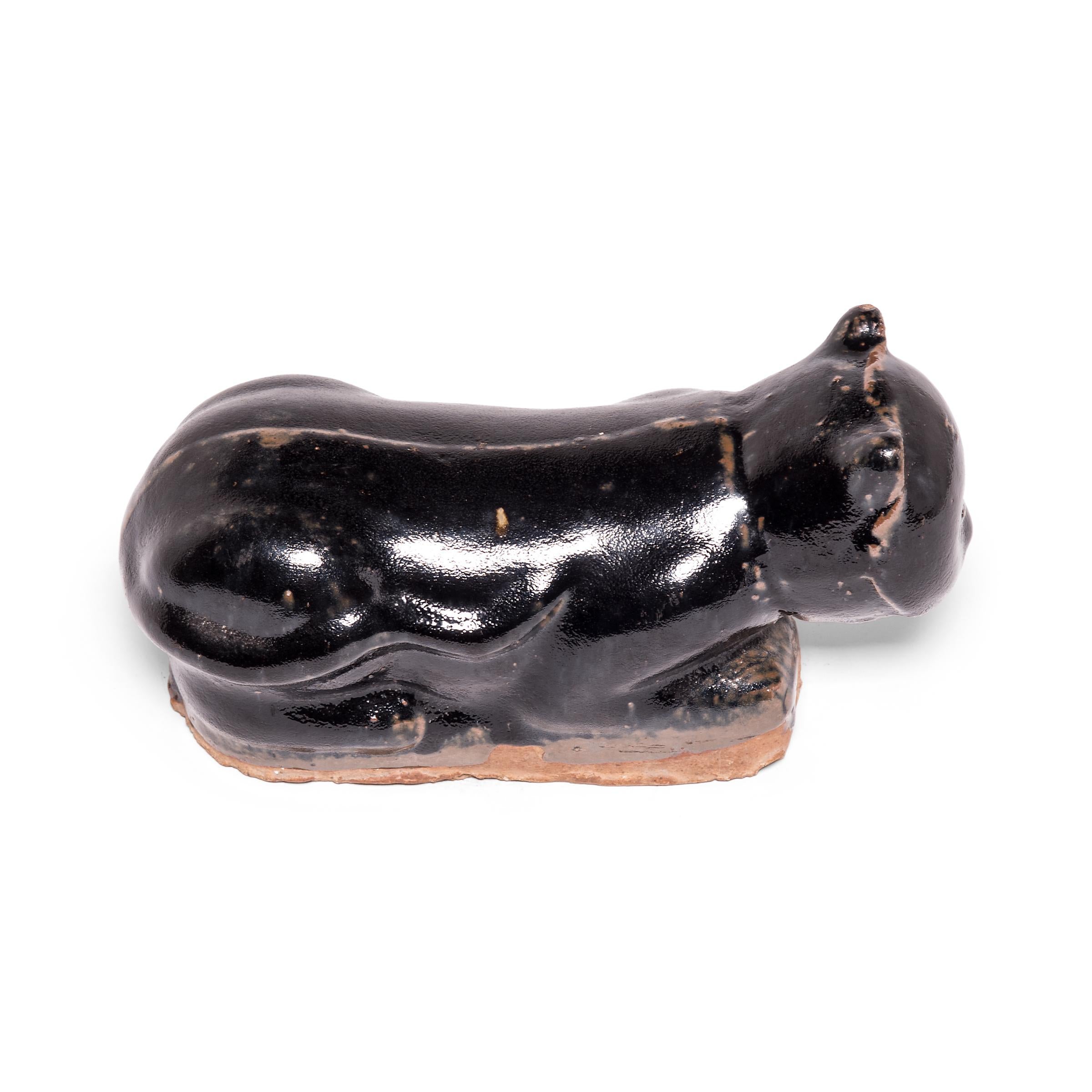 Ceramic Late 19th Century Chinese Black Glazed Cat Headrest