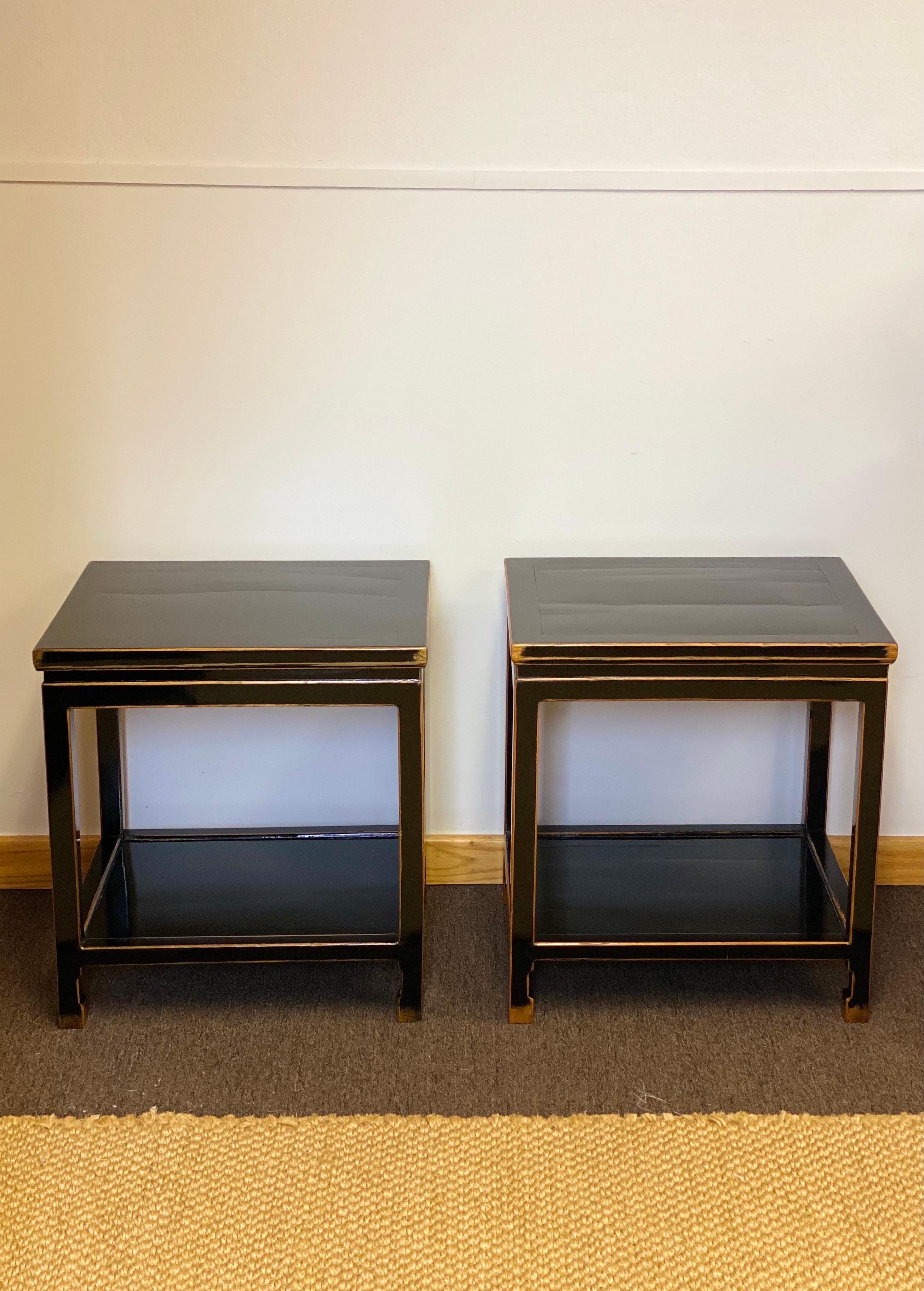 Chinese Export Late 19th Century Chinese Black Lacquer Rectangular Two-Tier Side Tables, Pair