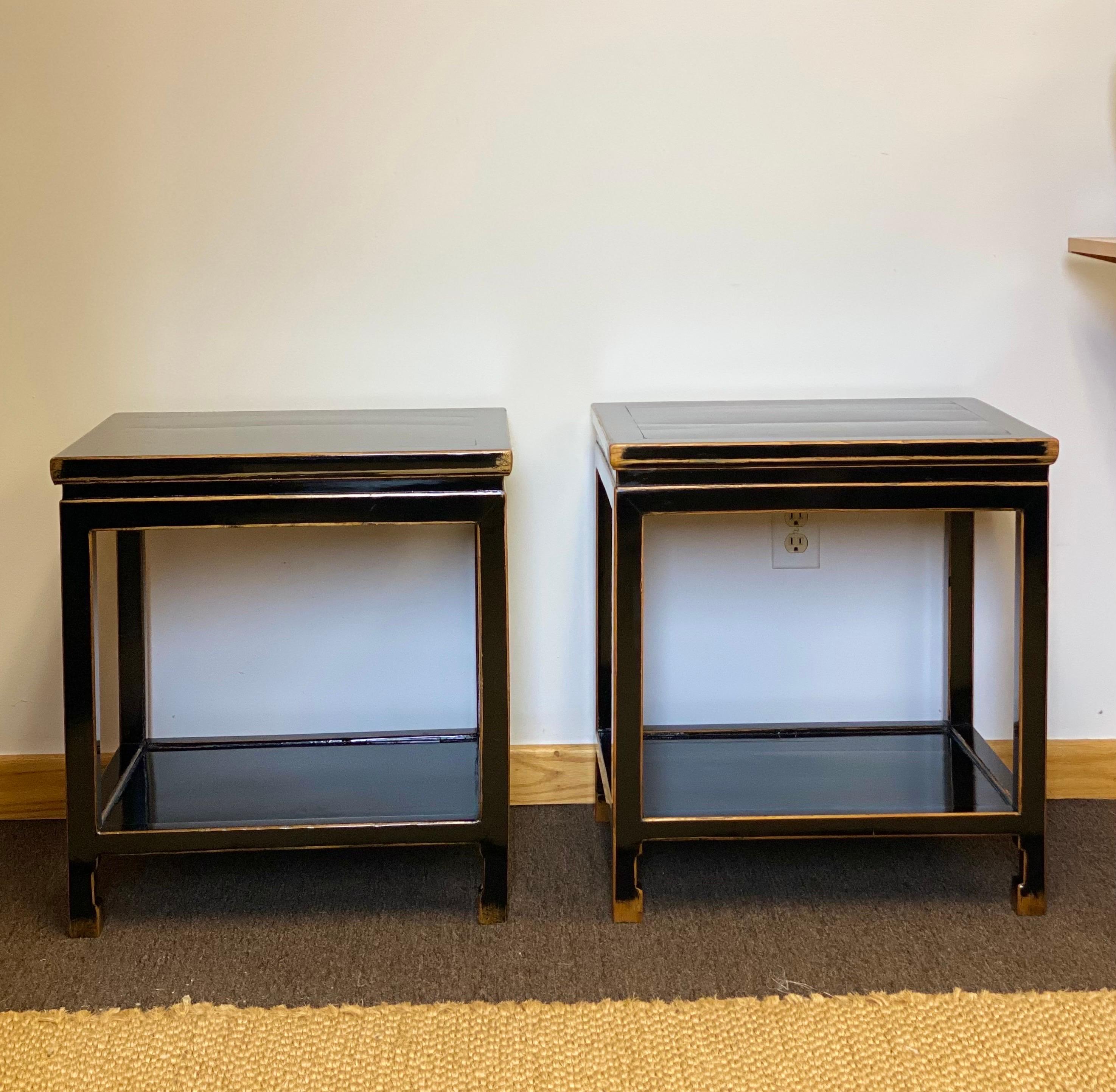 Asian Late 19th Century Chinese Black Lacquer Rectangular Two-Tier Side Tables, Pair