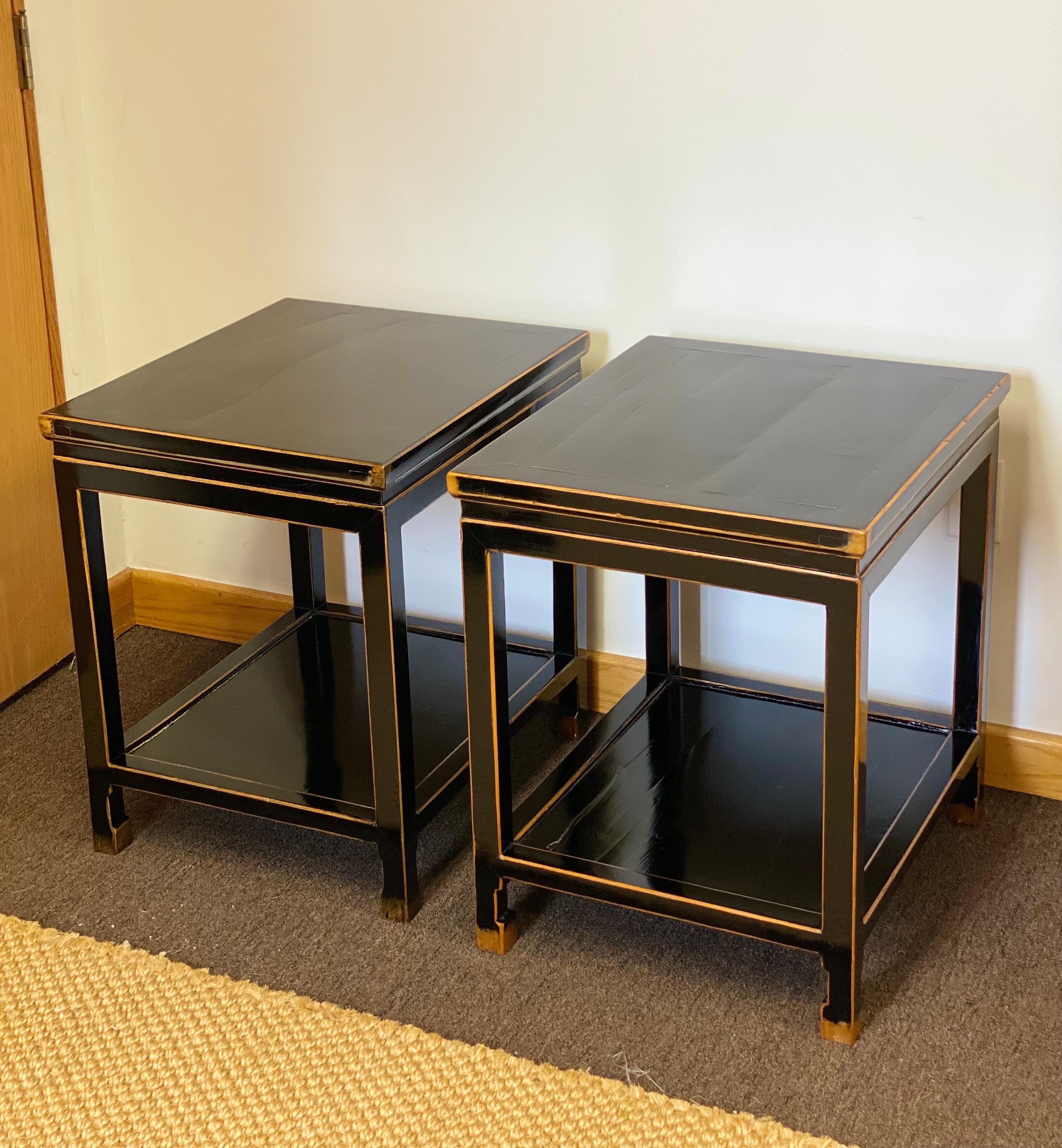 Late 19th Century Chinese Black Lacquer Rectangular Two-Tier Side Tables, Pair In Good Condition In Farmington Hills, MI