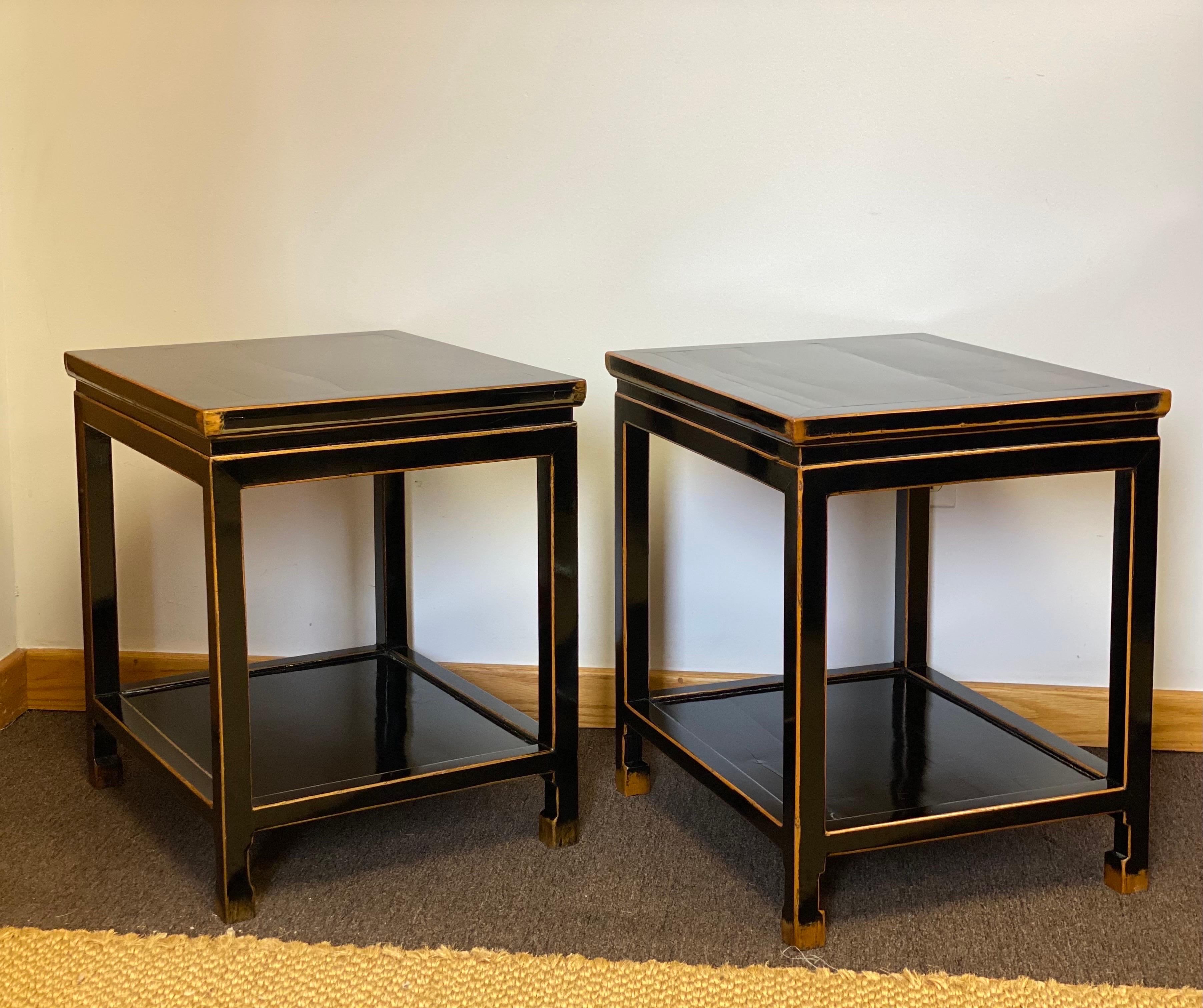 Hardwood Late 19th Century Chinese Black Lacquer Rectangular Two-Tier Side Tables, Pair