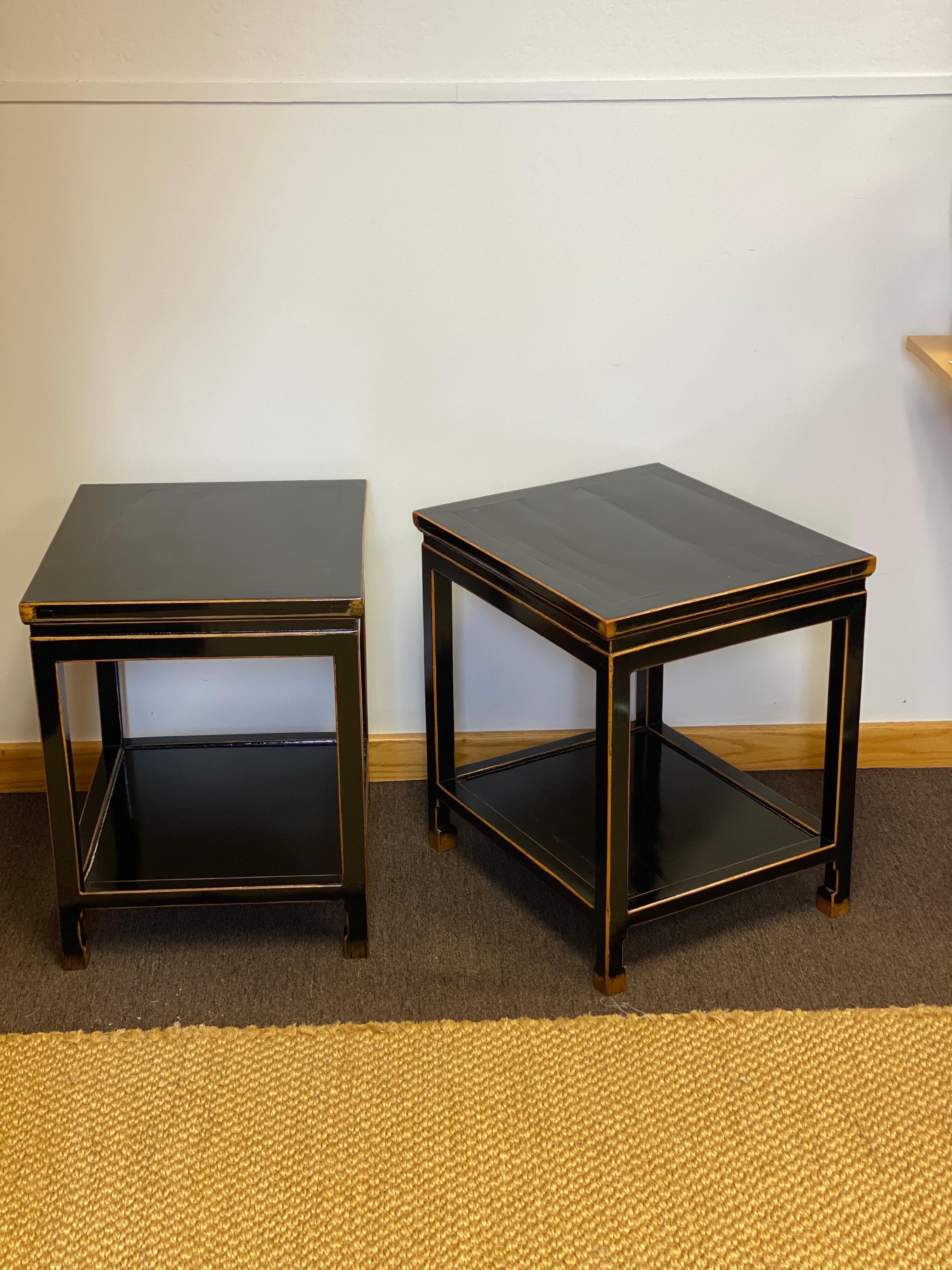 Late 19th Century Chinese Black Lacquer Rectangular Two-Tier Side Tables, Pair 1