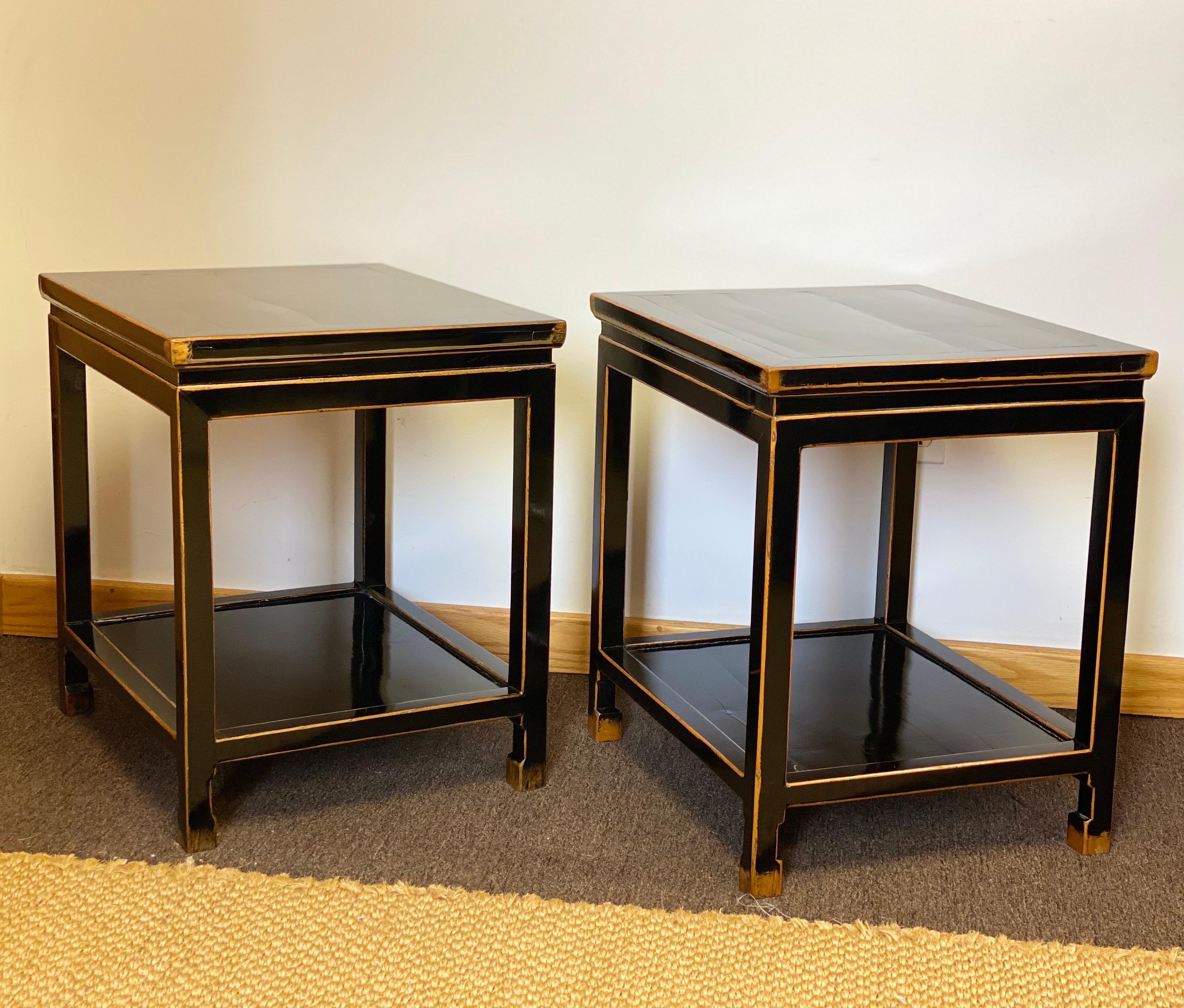 Late 19th Century Chinese Black Lacquer Rectangular Two-Tier Side Tables, Pair 2