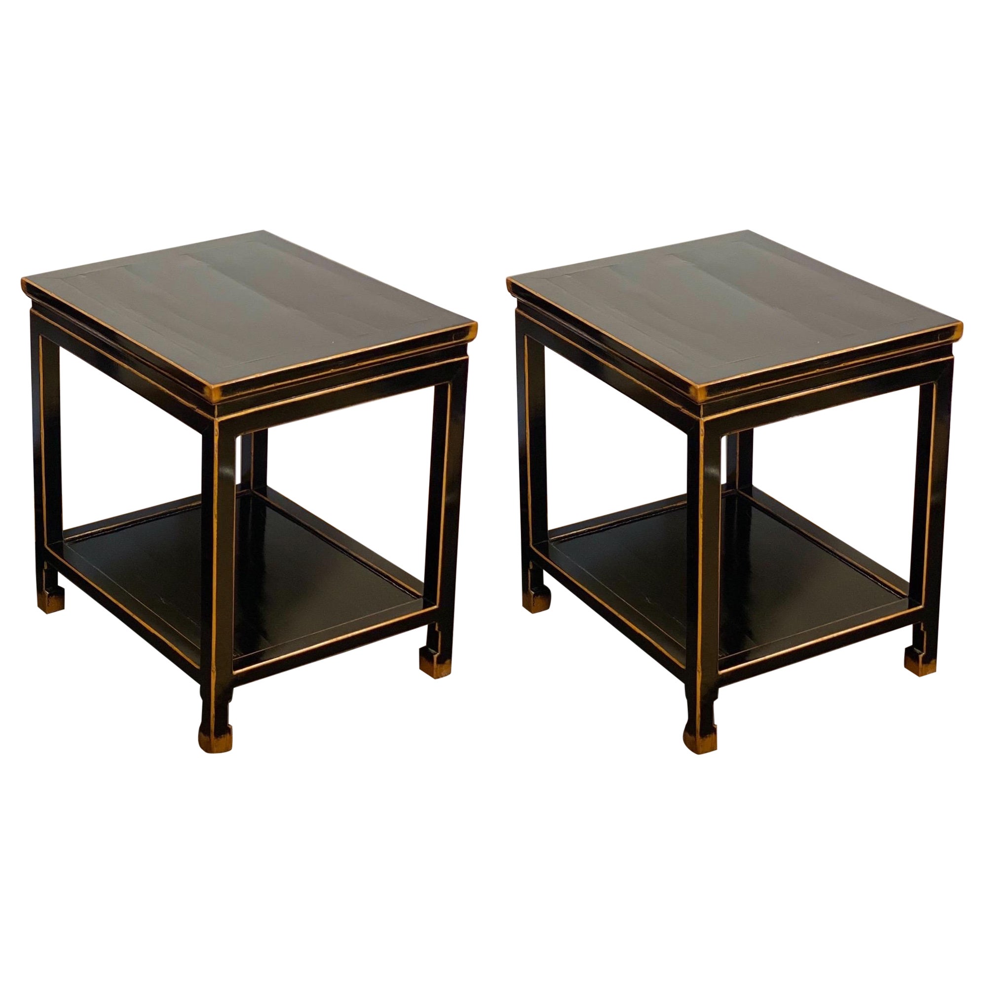 Late 19th Century Chinese Black Lacquer Rectangular Two-Tier Side Tables, Pair