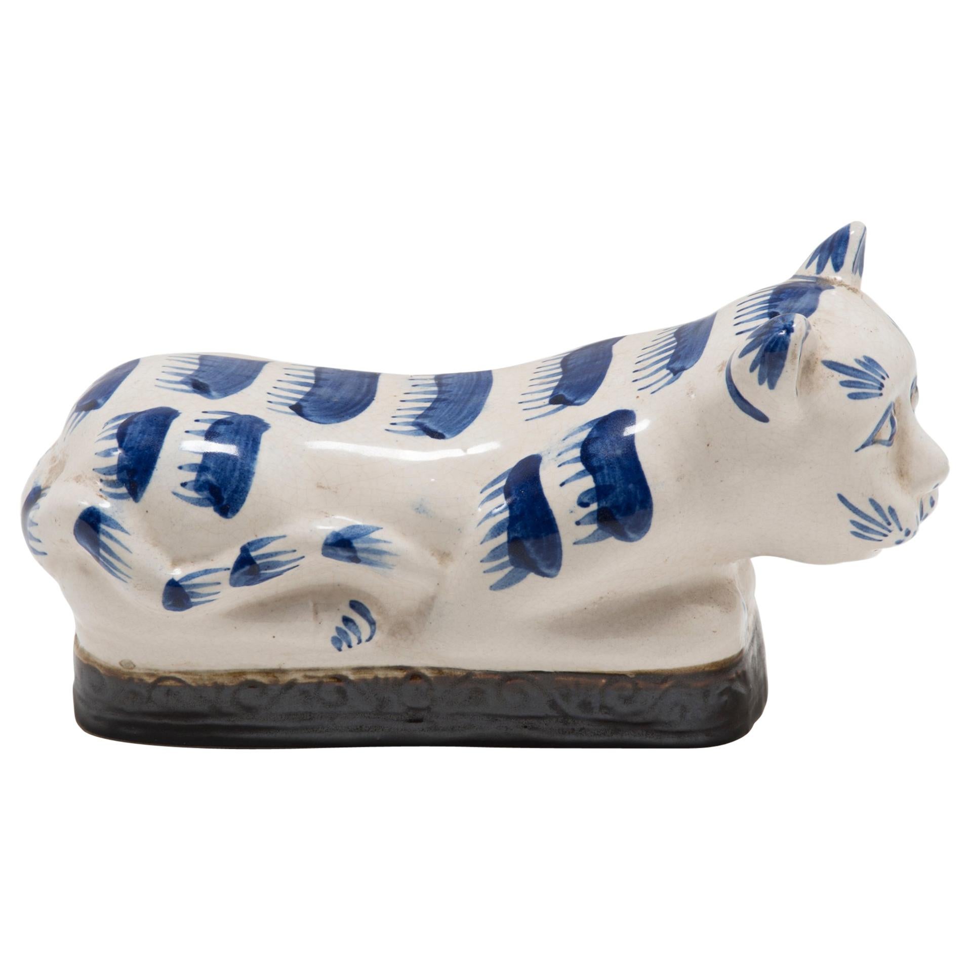 Chinese Blue and White Cat Headrest, c. 1900 For Sale
