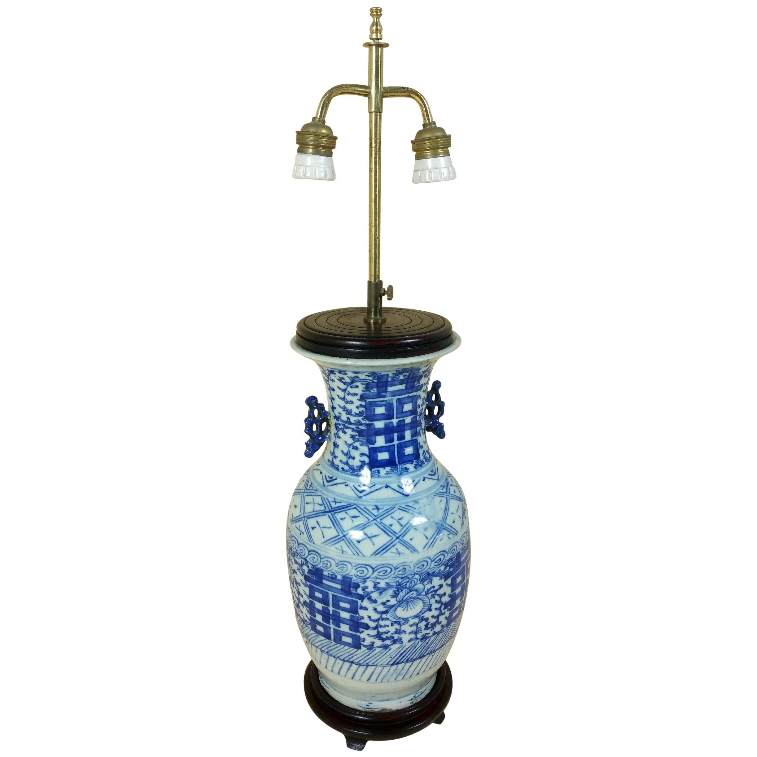Late 19th Century Chinese Blue and White Pottery Vase Converted to Table Lamp