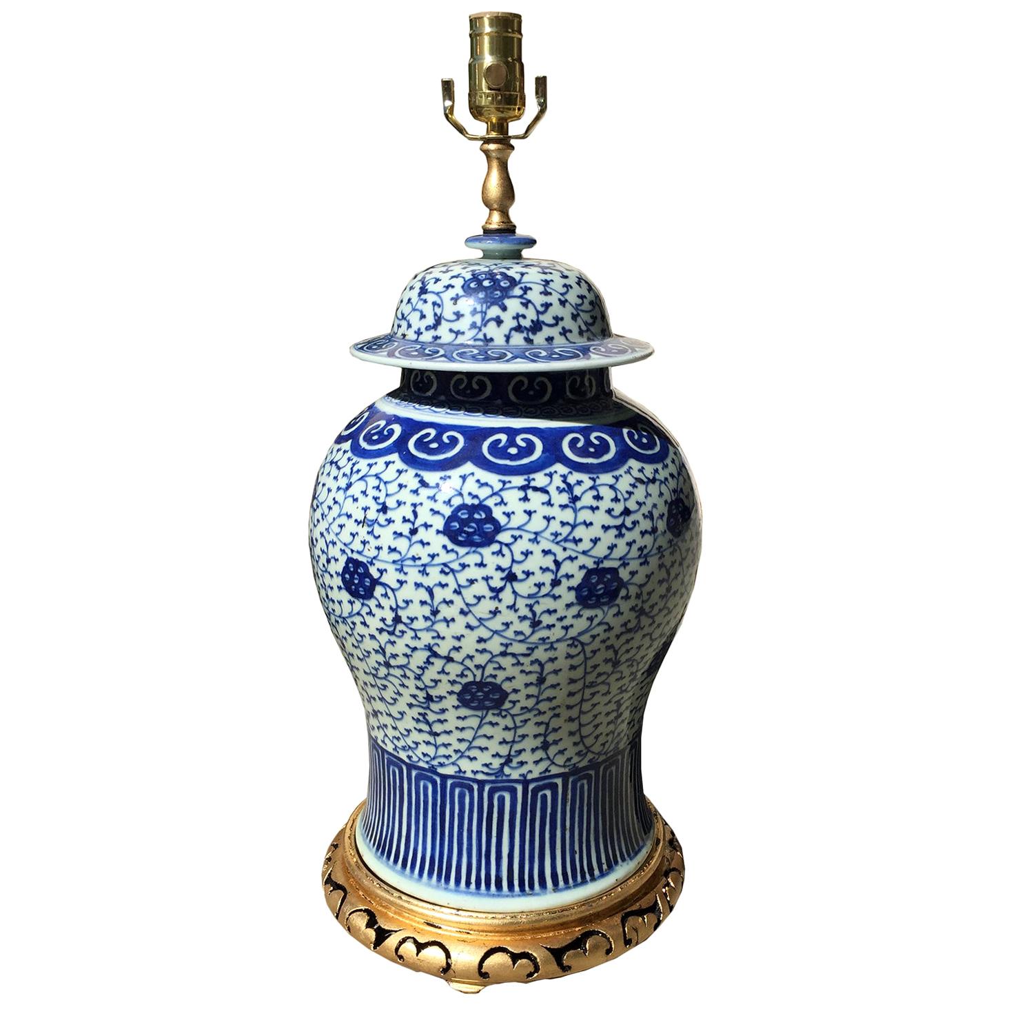 Late 19th Century Chinese Blue & White Porcelain Lidded Ginger Jar as Lamp