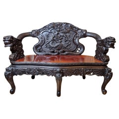 Antique Late 19th Century Chinese Carved Dragon Bench Circa 1900