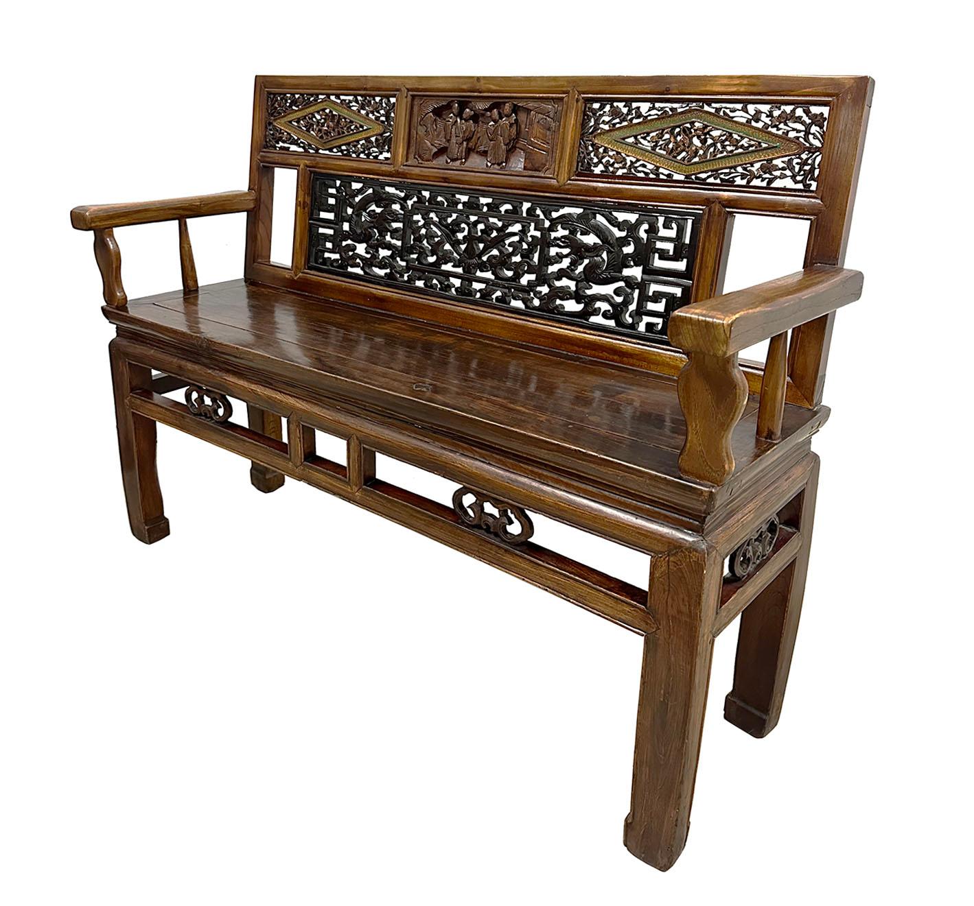 This beautiful Chinese antique bench is made from solid wood with lot of intricate Chinese traditional carving design on the  backrest. It has Chinese traditional carving works of Chinese Opera and Dragon clouds on the back.  This bench itself has