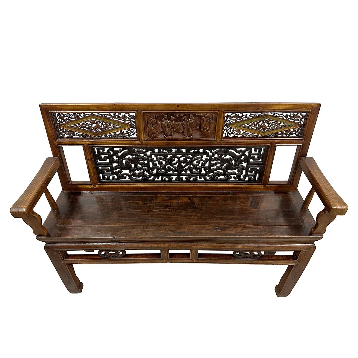 Chinese Export Late 19th Century Chinese Carved Hall Bench, Love Seat
