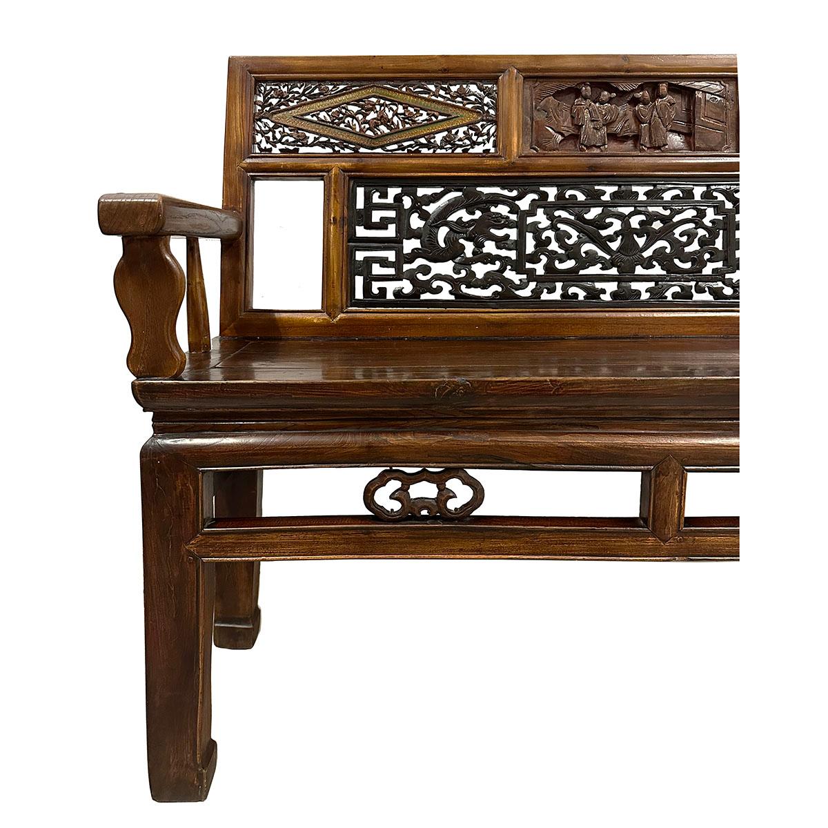 Late 19th Century Chinese Carved Hall Bench, Love Seat In Good Condition In Pomona, CA