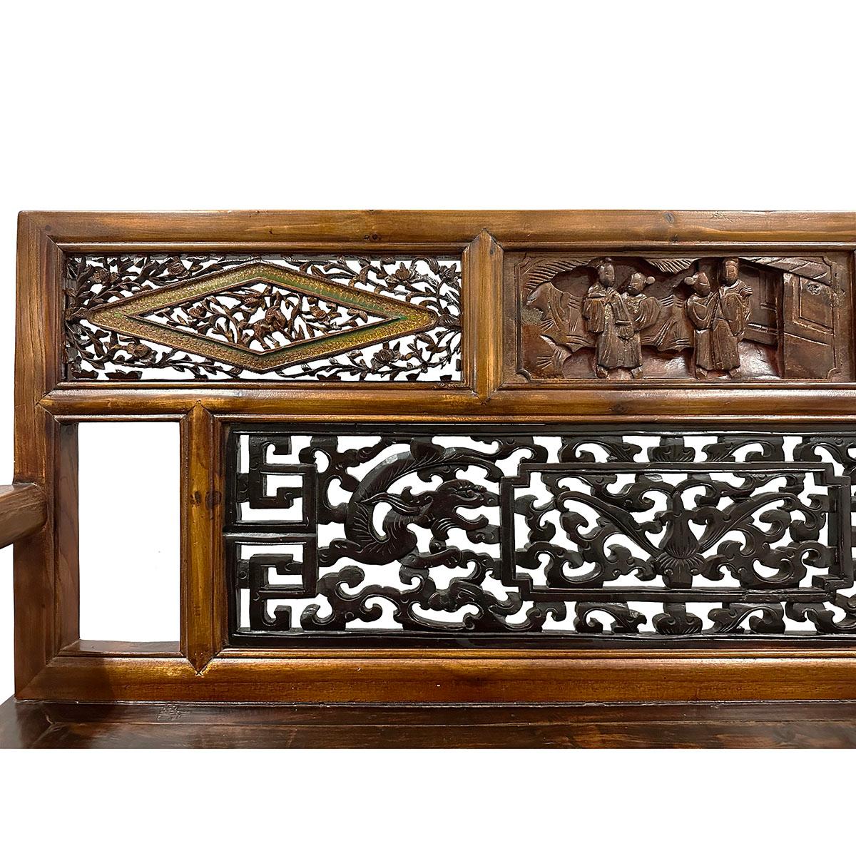 Wood Late 19th Century Chinese Carved Hall Bench, Love Seat