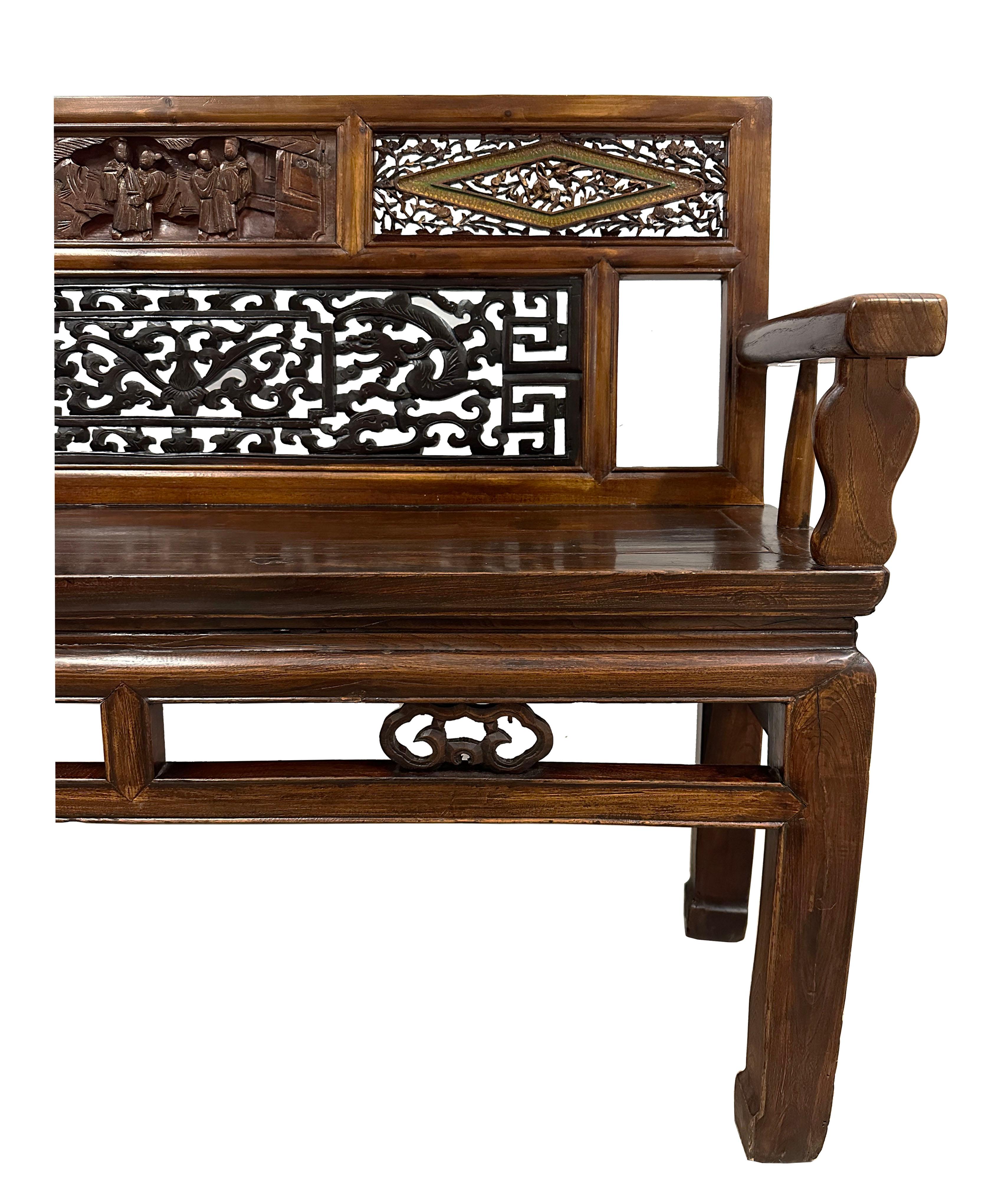 Late 19th Century Chinese Carved Hall Bench, Love Seat 1