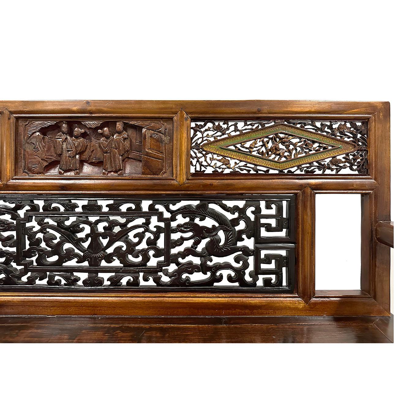 Late 19th Century Chinese Carved Hall Bench, Love Seat 2
