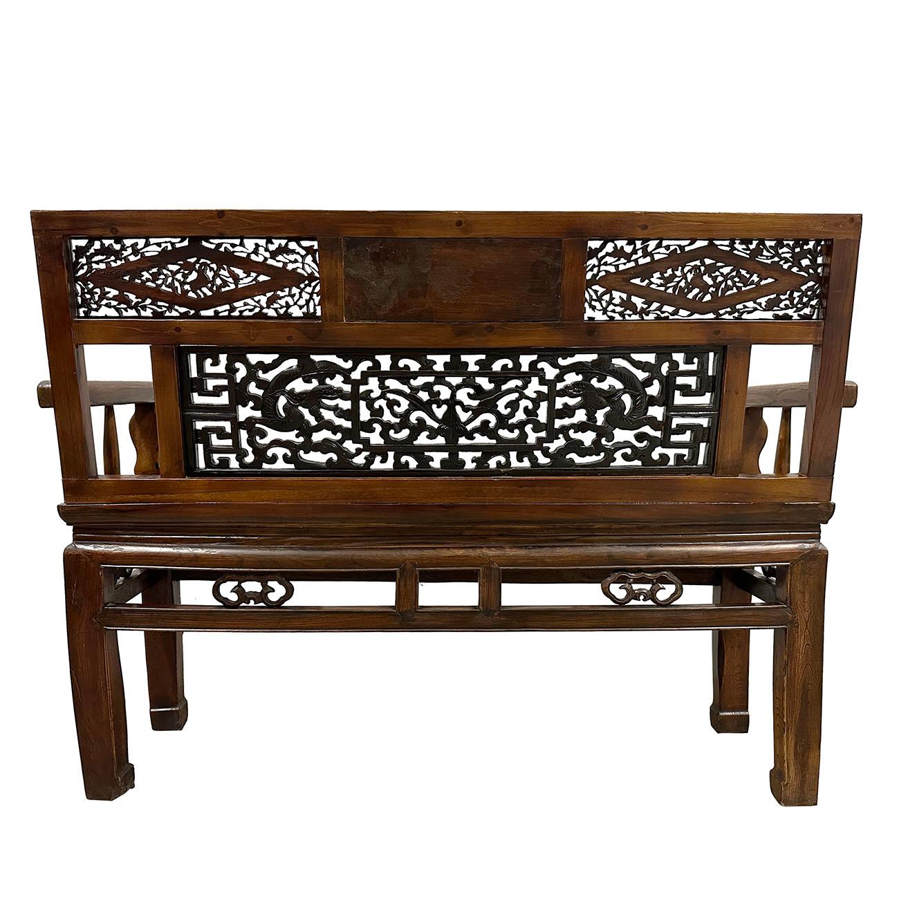 Late 19th Century Chinese Carved Hall Bench, Love Seat 4