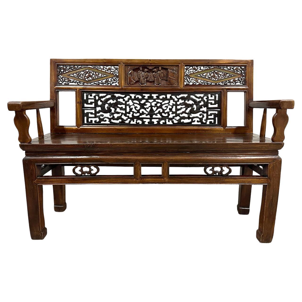 Late 19th Century Chinese Carved Hall Bench, Love Seat