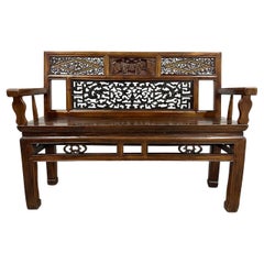 Antique Late 19th Century Chinese Carved Hall Bench, Love Seat