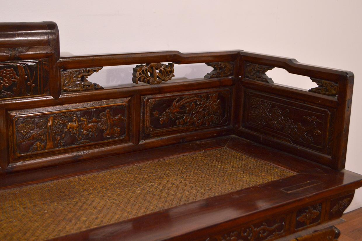 Late 19th Century Chinese Dragon Antique Bench Hand Carved Elmwood and Rattan For Sale 5