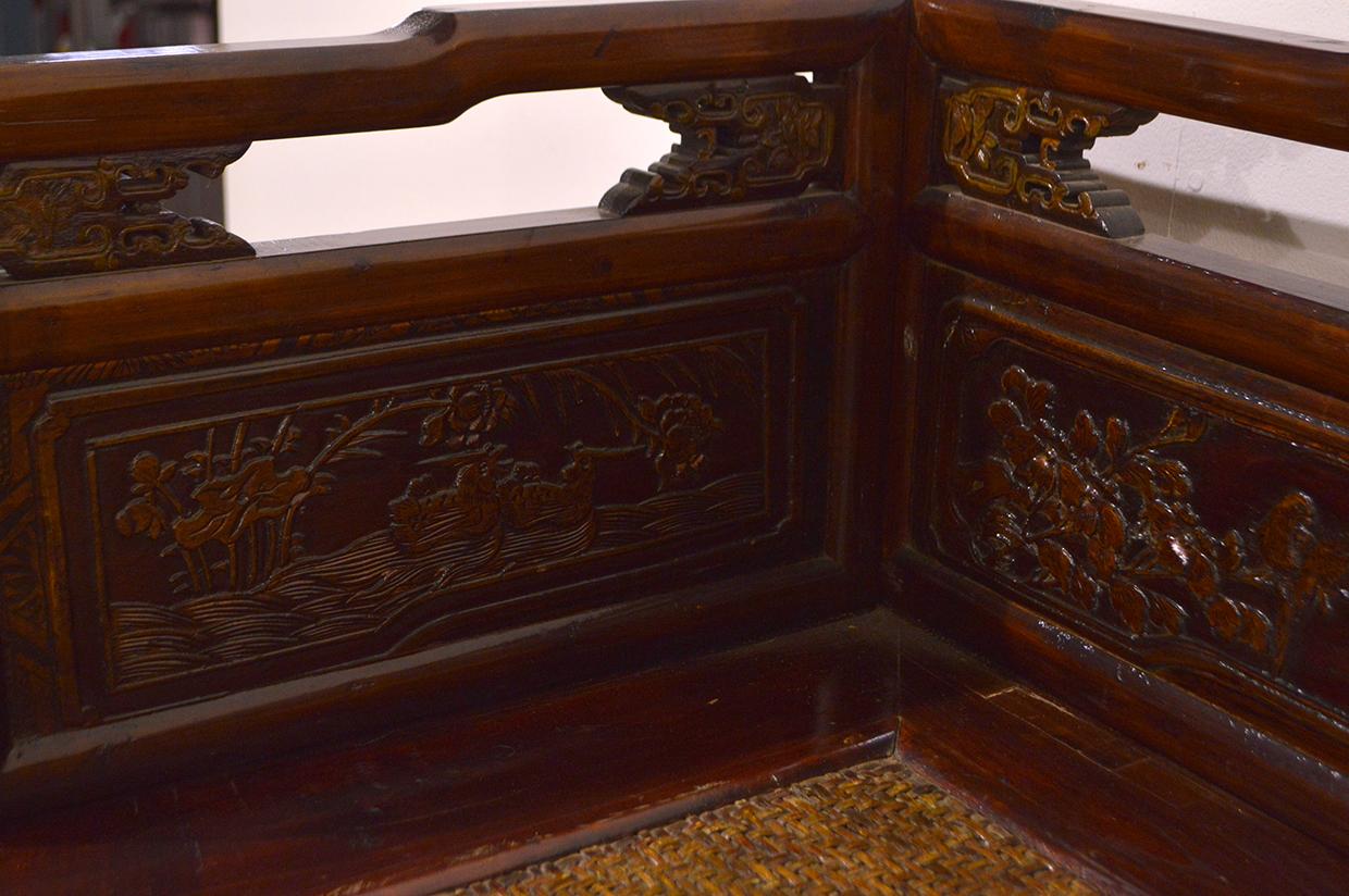 Late 19th Century Chinese Dragon Antique Bench Hand Carved Elmwood and Rattan For Sale 7
