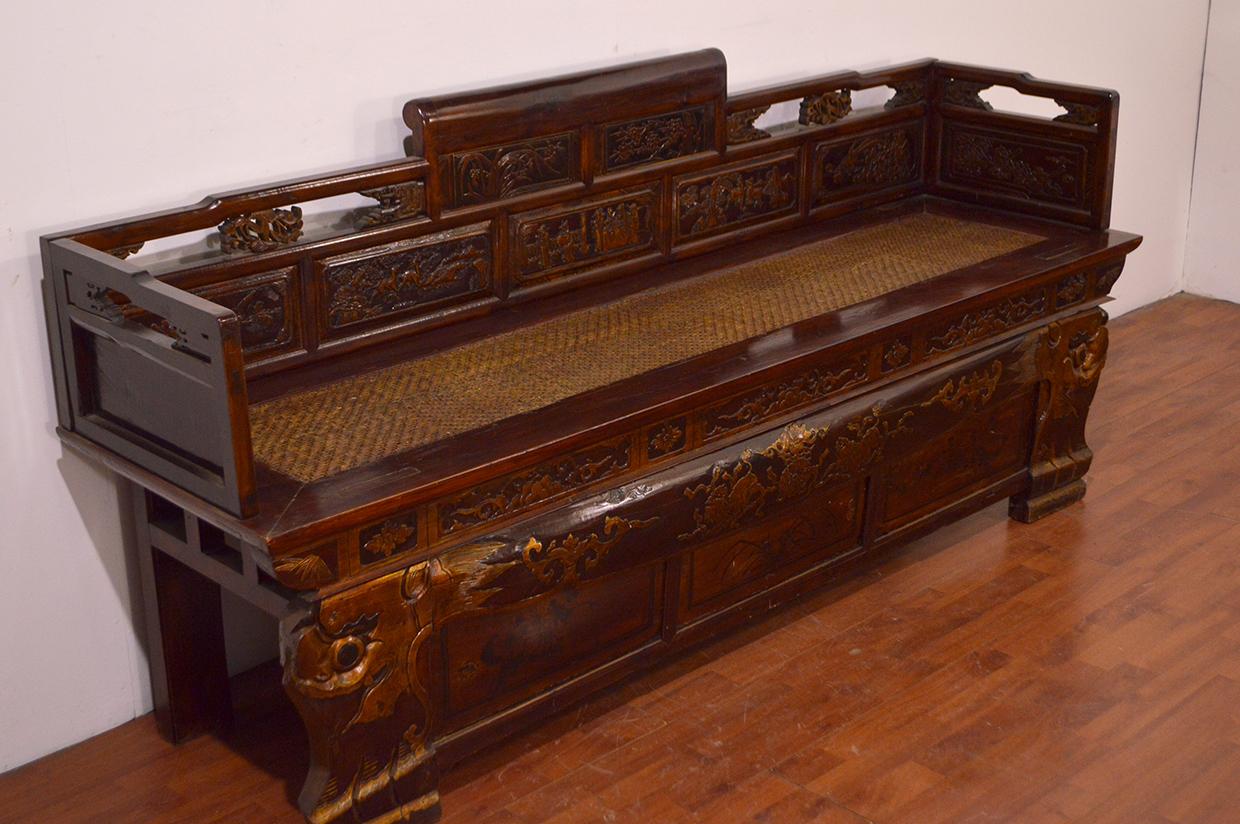 Ming Late 19th Century Chinese Dragon Antique Bench Hand Carved Elmwood and Rattan For Sale