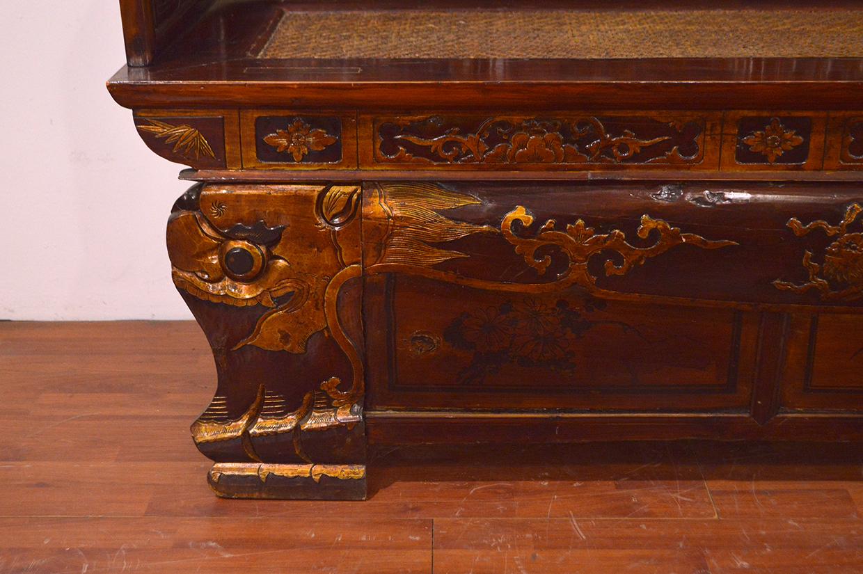 Hand-Carved Late 19th Century Chinese Dragon Antique Bench Hand Carved Elmwood and Rattan For Sale