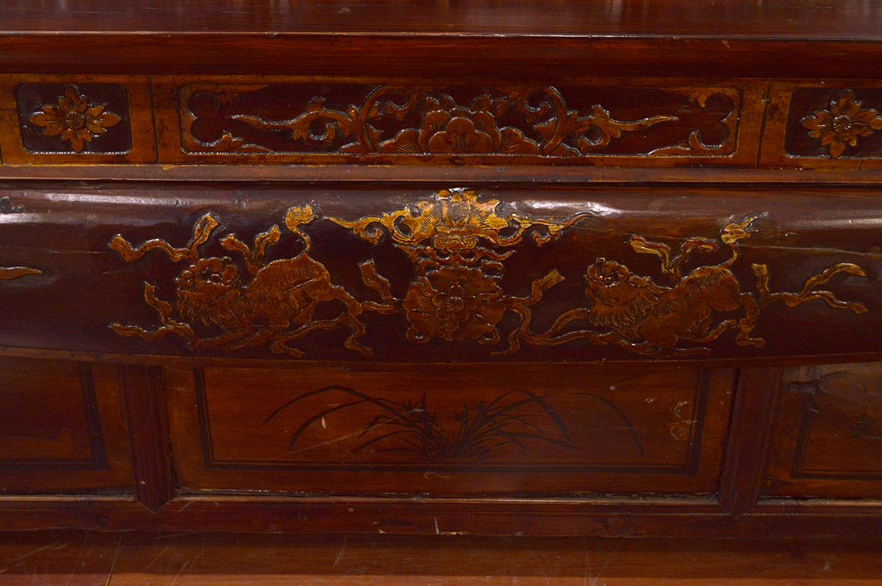 Late 19th Century Chinese Dragon Antique Bench Hand Carved Elmwood and Rattan For Sale 1