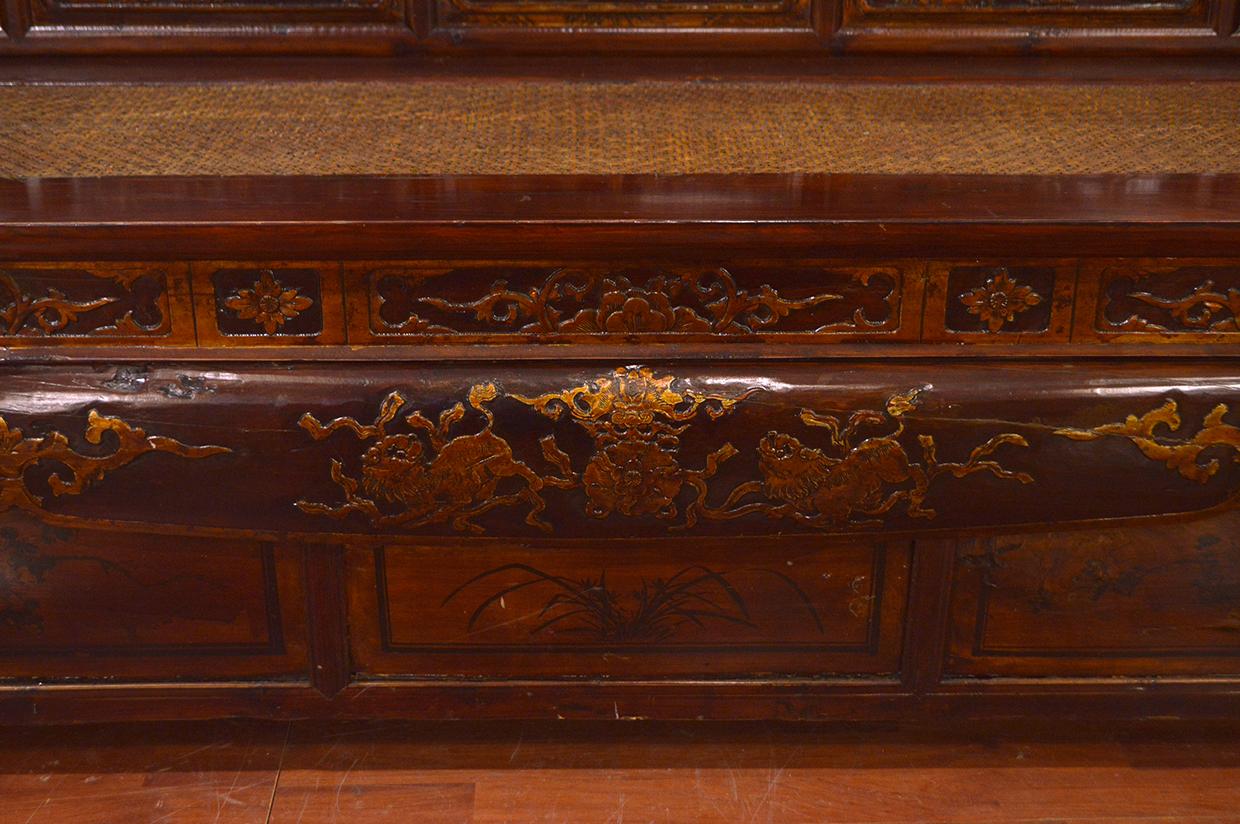Late 19th Century Chinese Dragon Antique Bench Hand Carved Elmwood and Rattan For Sale 2
