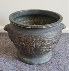 Late 19th Century Chinese Etched Brass Jardiniere with Lion Heads