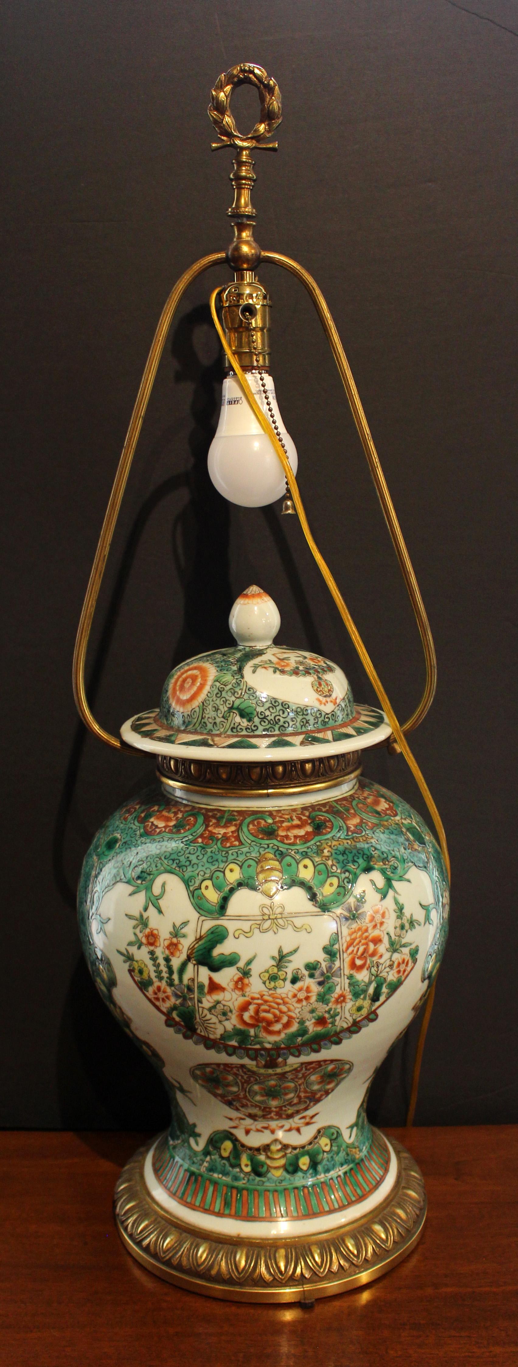 Qing Late 19th Century Chinese Export Famille Verte Temple Jar Lamp