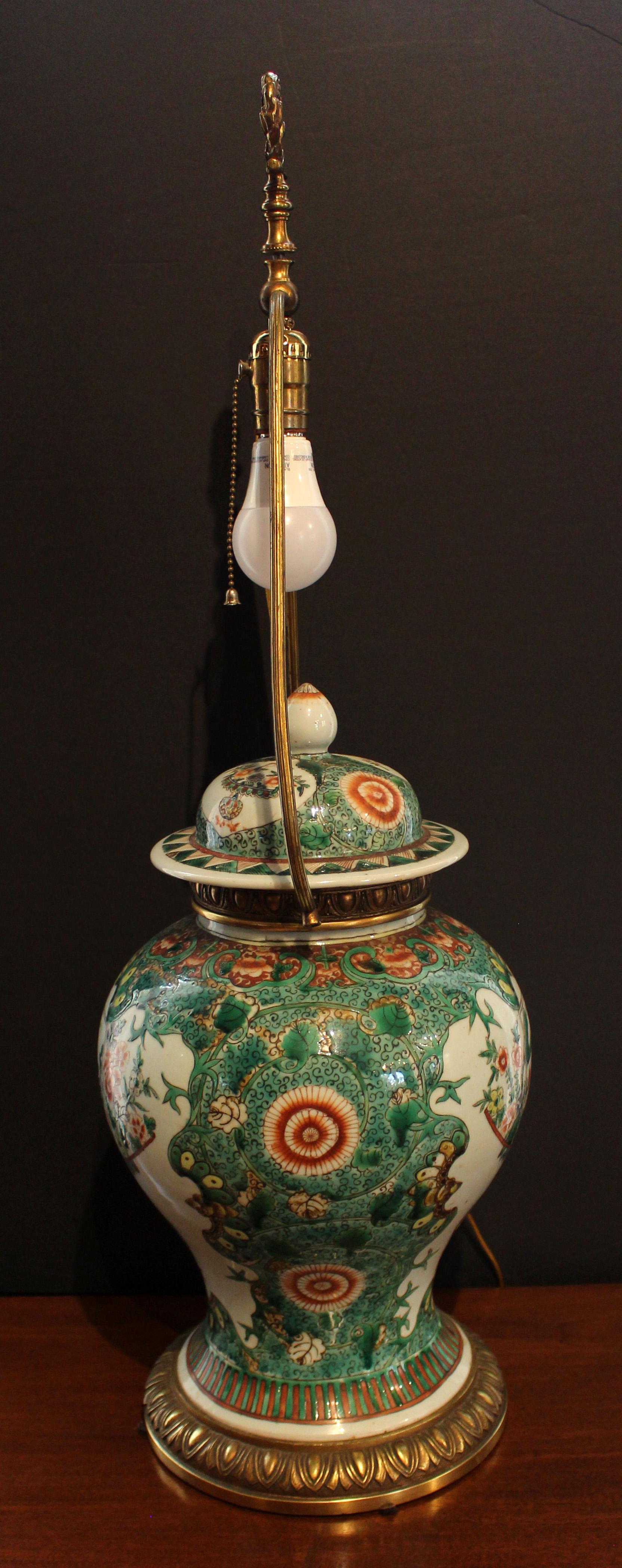 Late 19th Century Chinese Export Famille Verte Temple Jar Lamp In Good Condition In Chapel Hill, NC