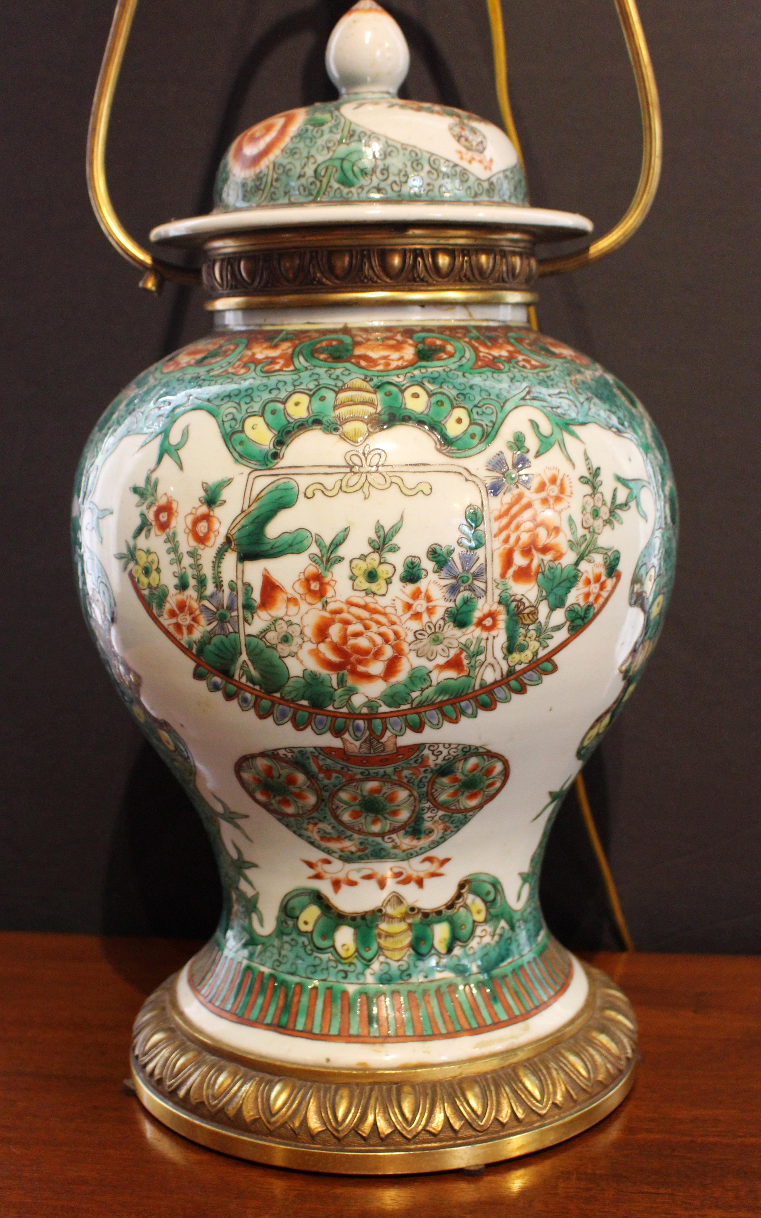 Porcelain Late 19th Century Chinese Export Famille Verte Temple Jar Lamp