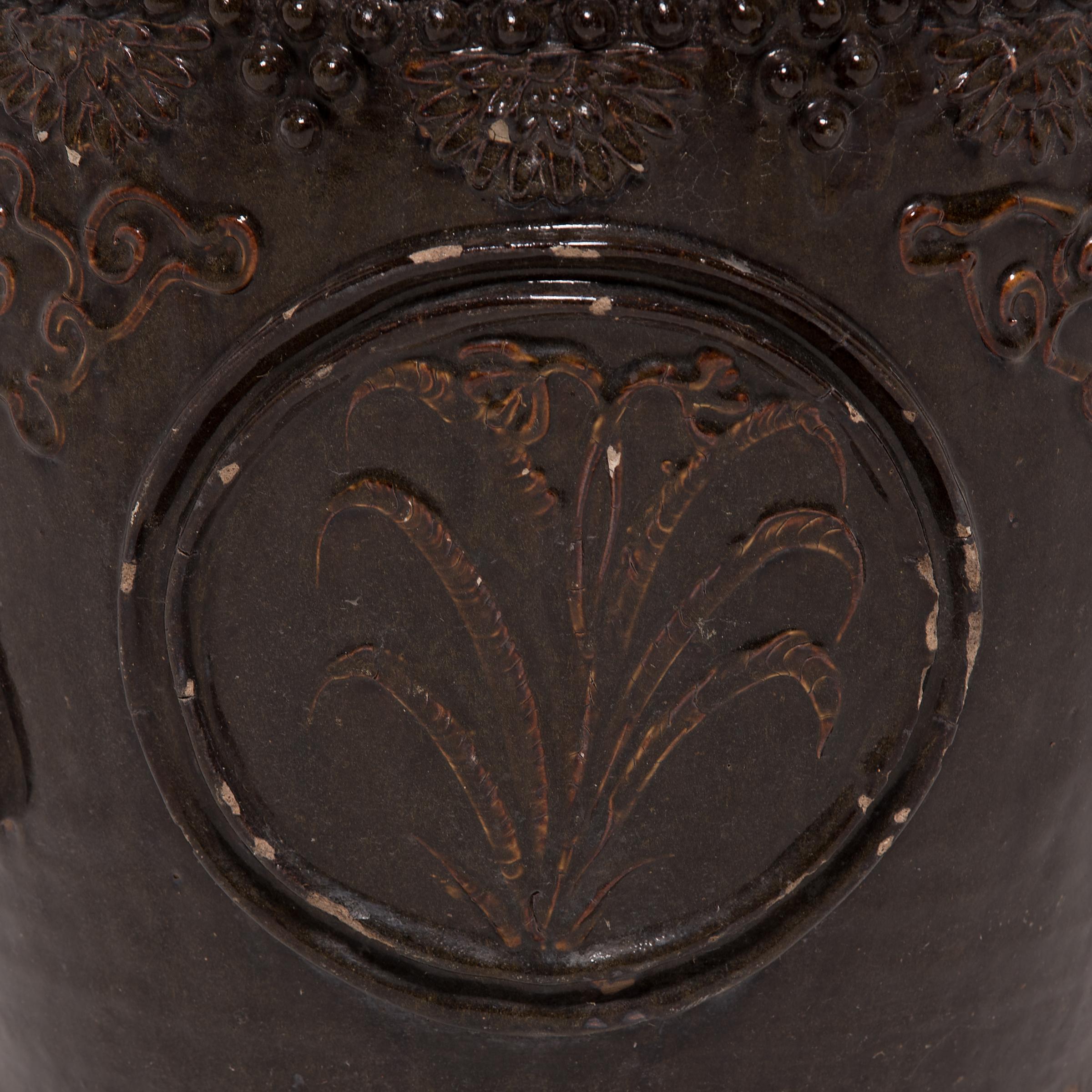 Ceramic Large Chinese Floral Relief Jar, c. 1900 For Sale