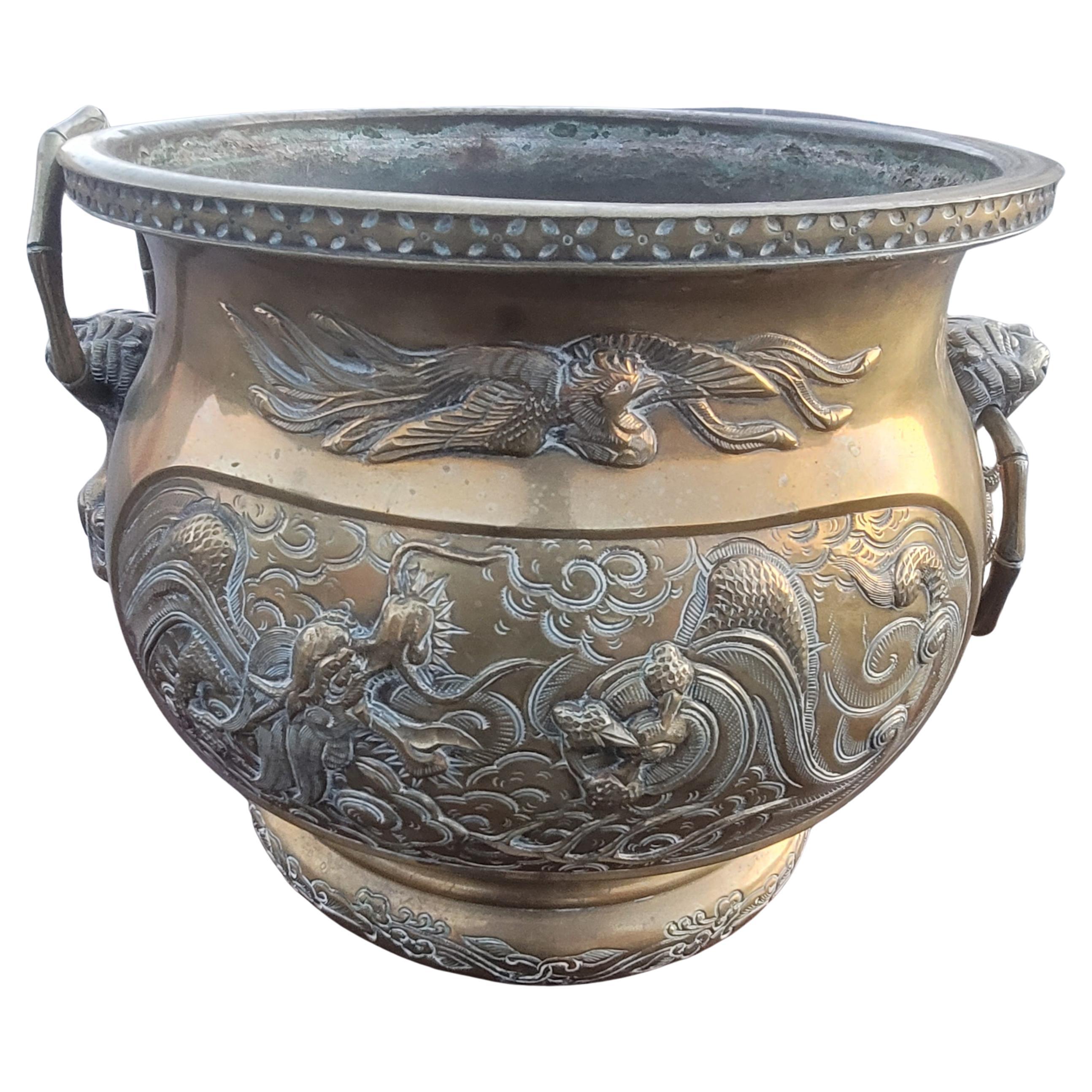 Qing Chinese Hammered & Engraved Brass Jardinière Planter, Late 19th Century For Sale