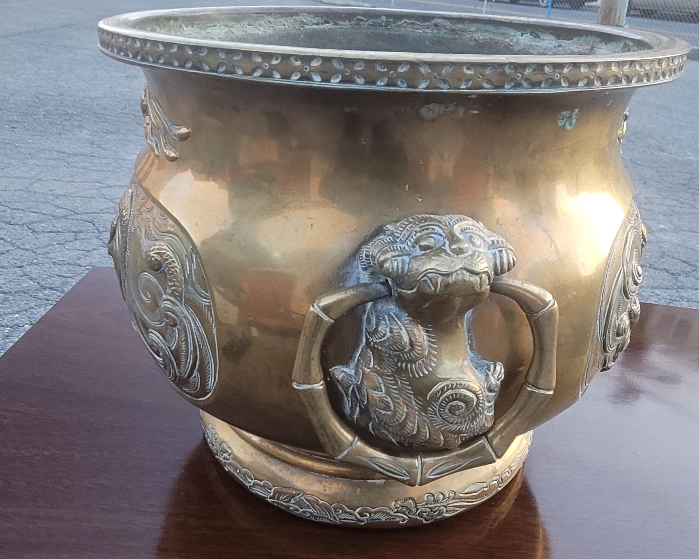 Chinese Hammered & Engraved Brass Jardinière Planter, Late 19th Century For Sale 2