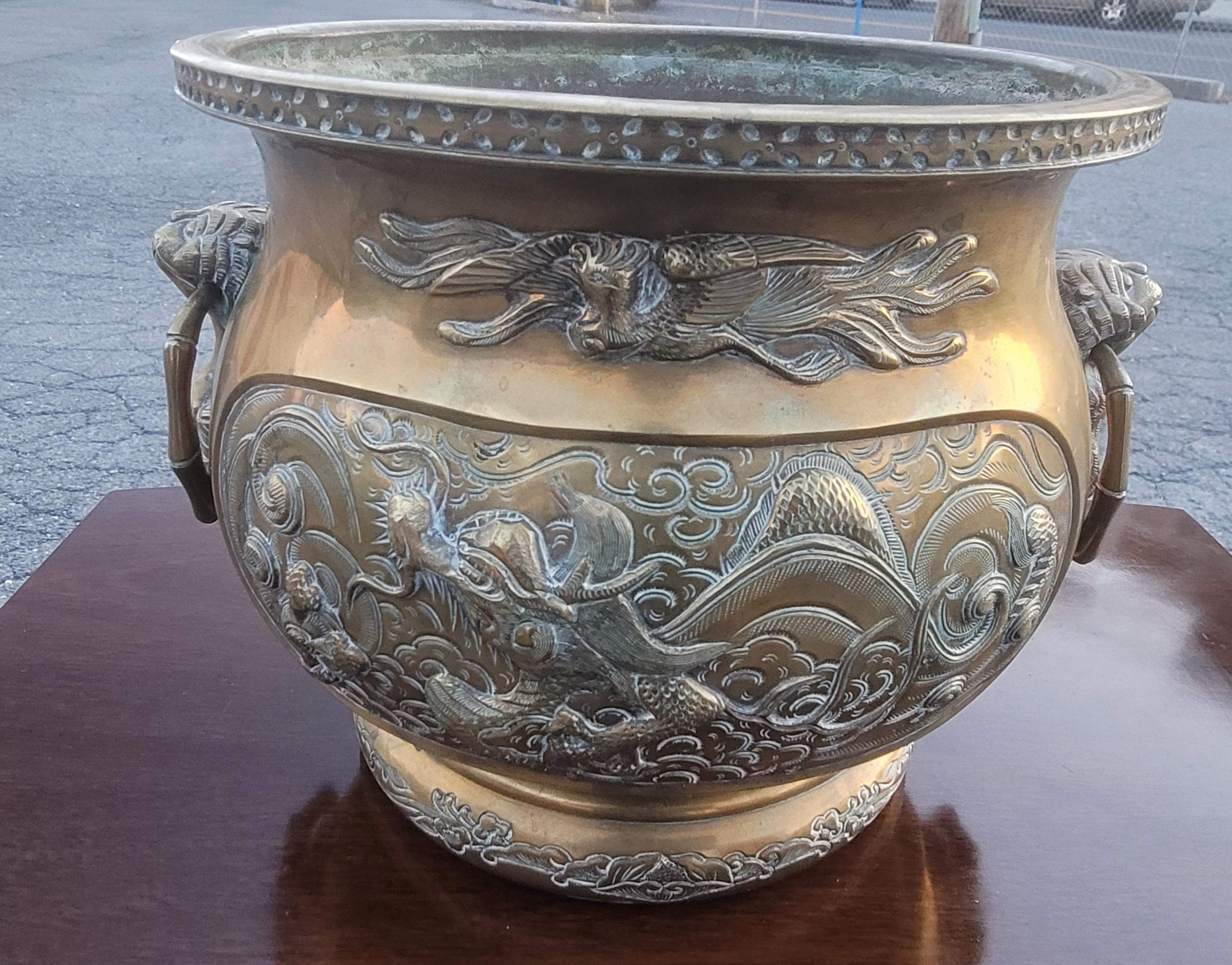 Chinese Hammered & Engraved Brass Jardinière Planter, Late 19th Century For Sale 4