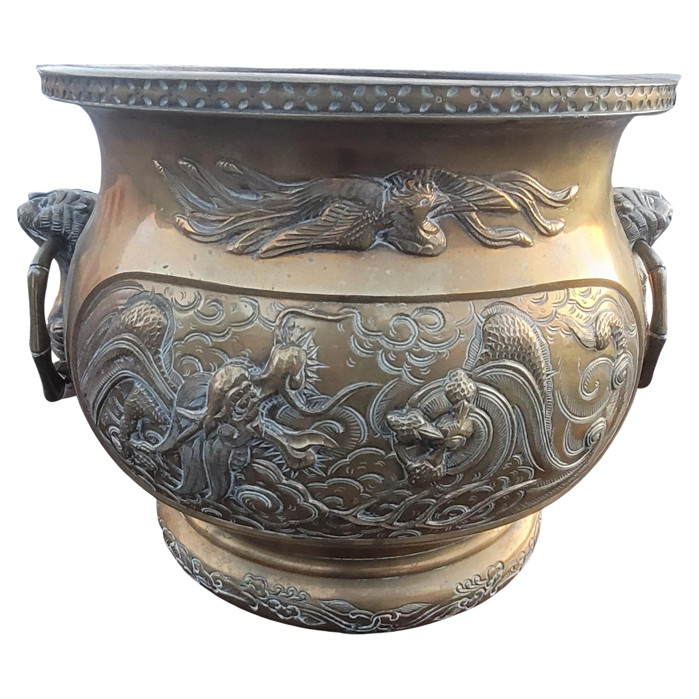 Chinese Hammered & Engraved Brass Jardinière Planter, Late 19th Century For Sale
