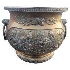 Chinese Hammered & Engraved Brass Jardinière Planter, Late 19th Century