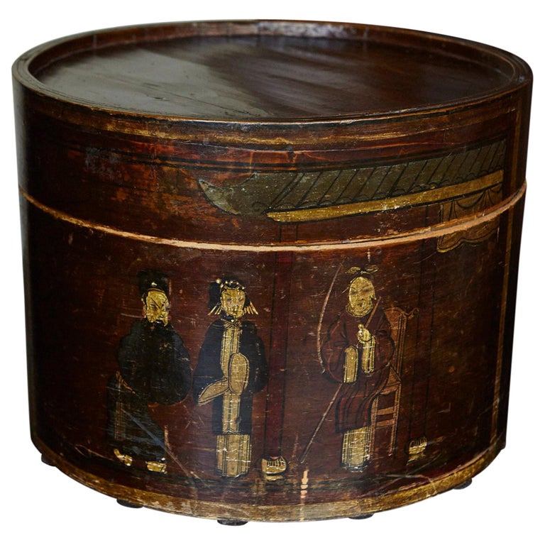 Late 19th Century Chinese Hand-Painted Round Wooden Hat Box at 1stDibs