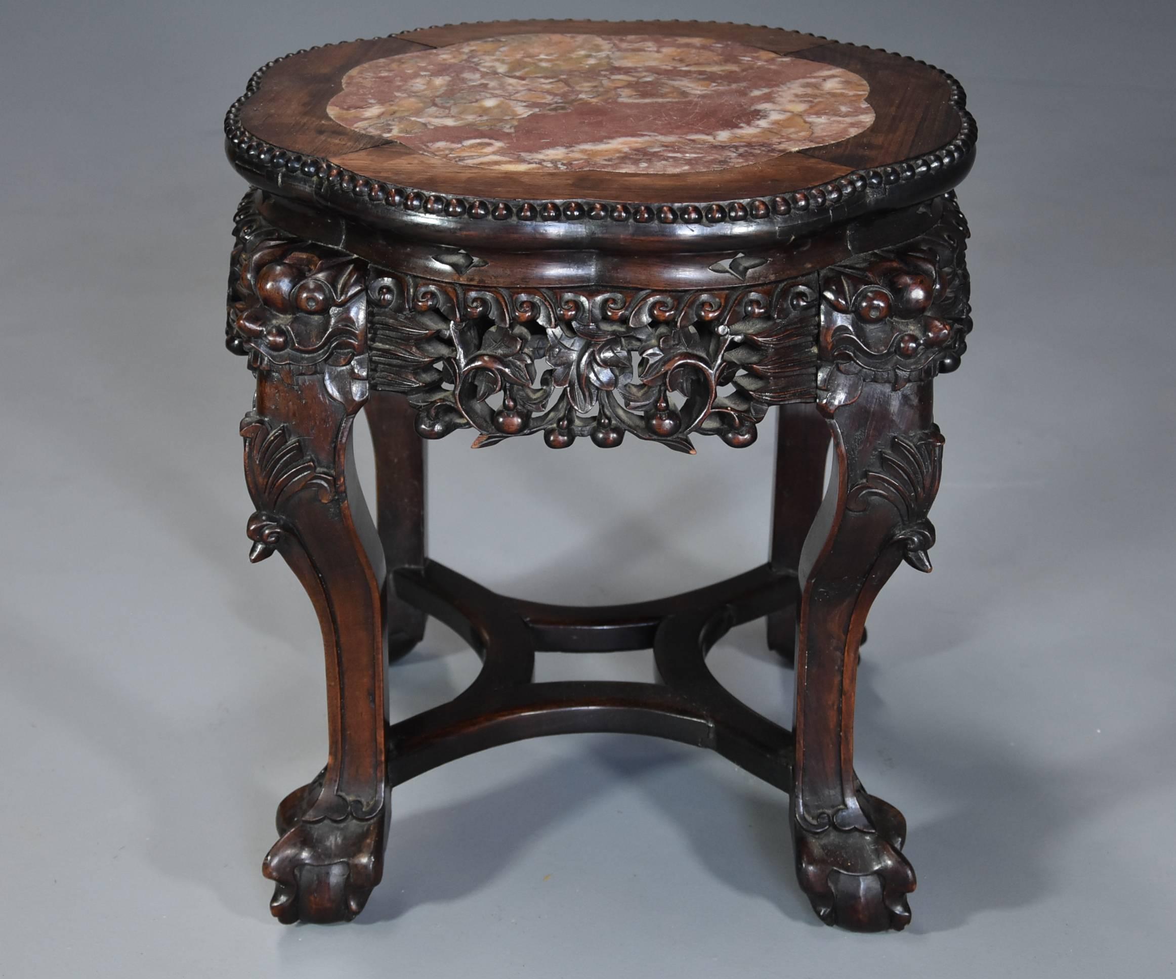 Late 19th Century Chinese Hardwood Pot Stand with Shaped Marble Inset Top In Good Condition For Sale In Suffolk, GB