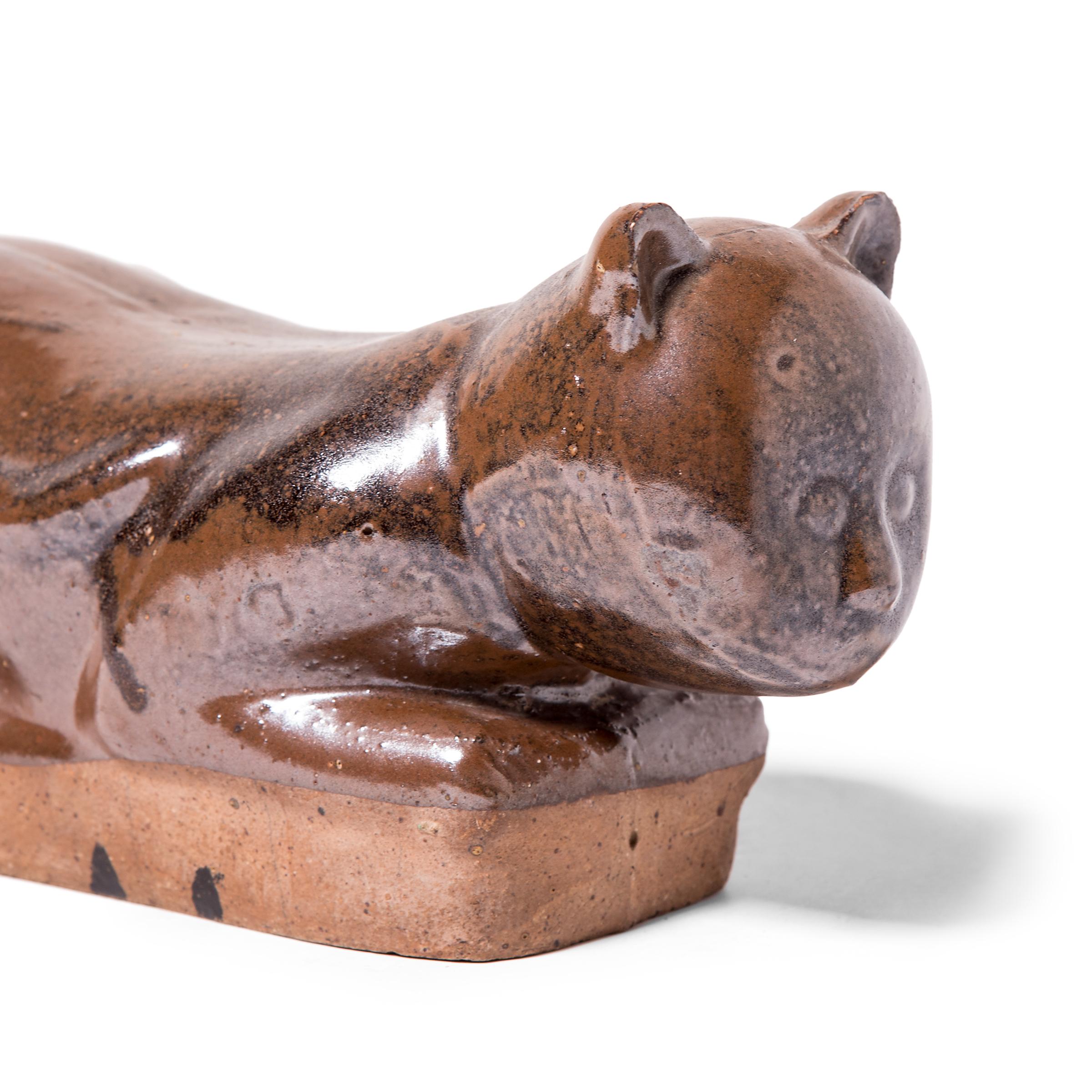 Ceramic Late 19th Century Chinese Mottled Brown Cat Headrest