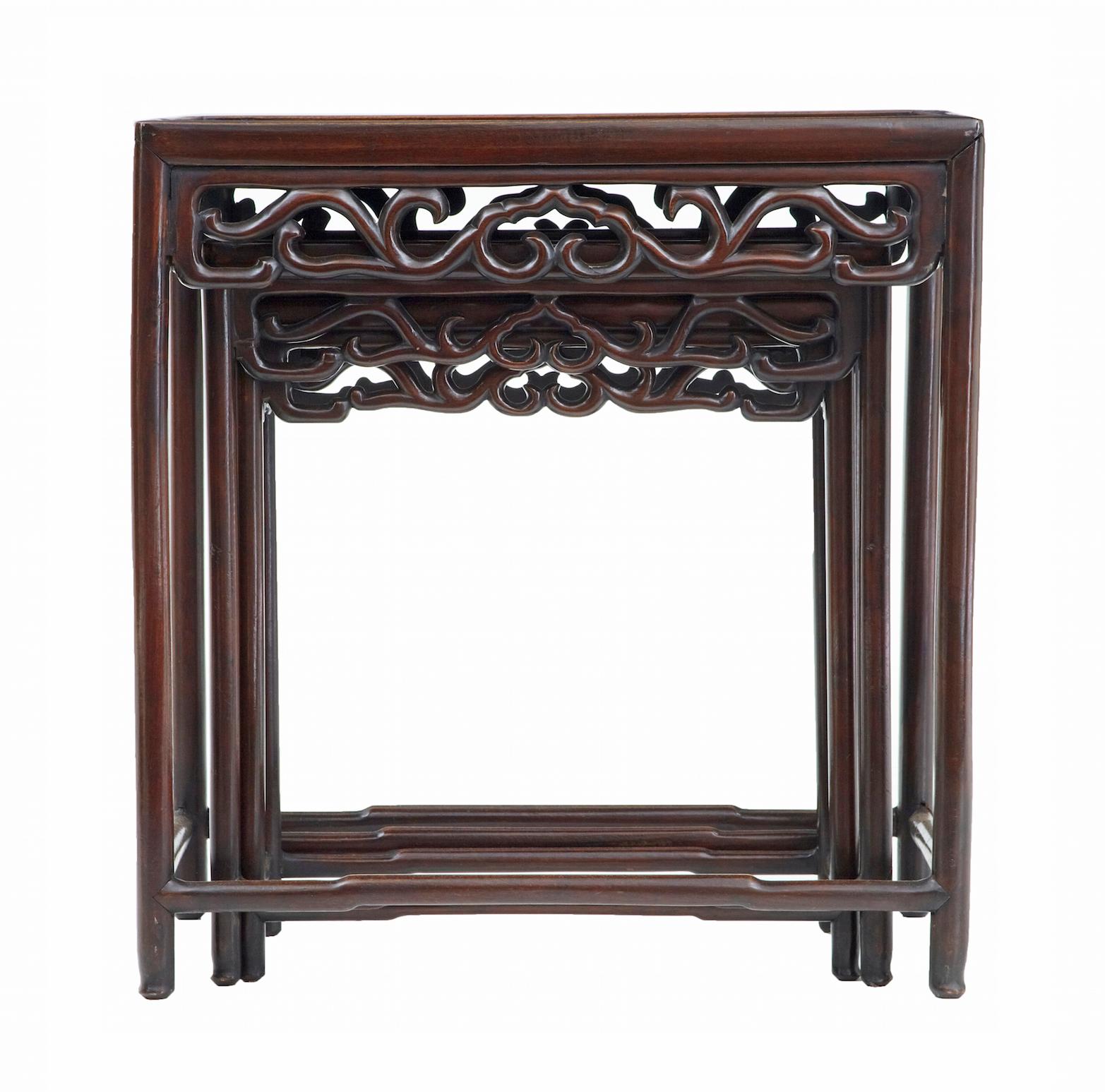 Good quality set of 3 Chinese tables, circa 1890. Formerly a nest of 4. Good color and patina, similar to rosewood. Nest forms by stacking as opposed to pulling out, ideal for making a set of occasional tables around the home.

Measures: Largest