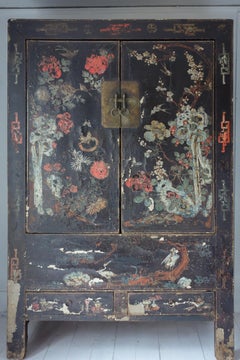 late 19th Century Chinese Painted Lacquer Cabinet with Floral and Crane Motifs