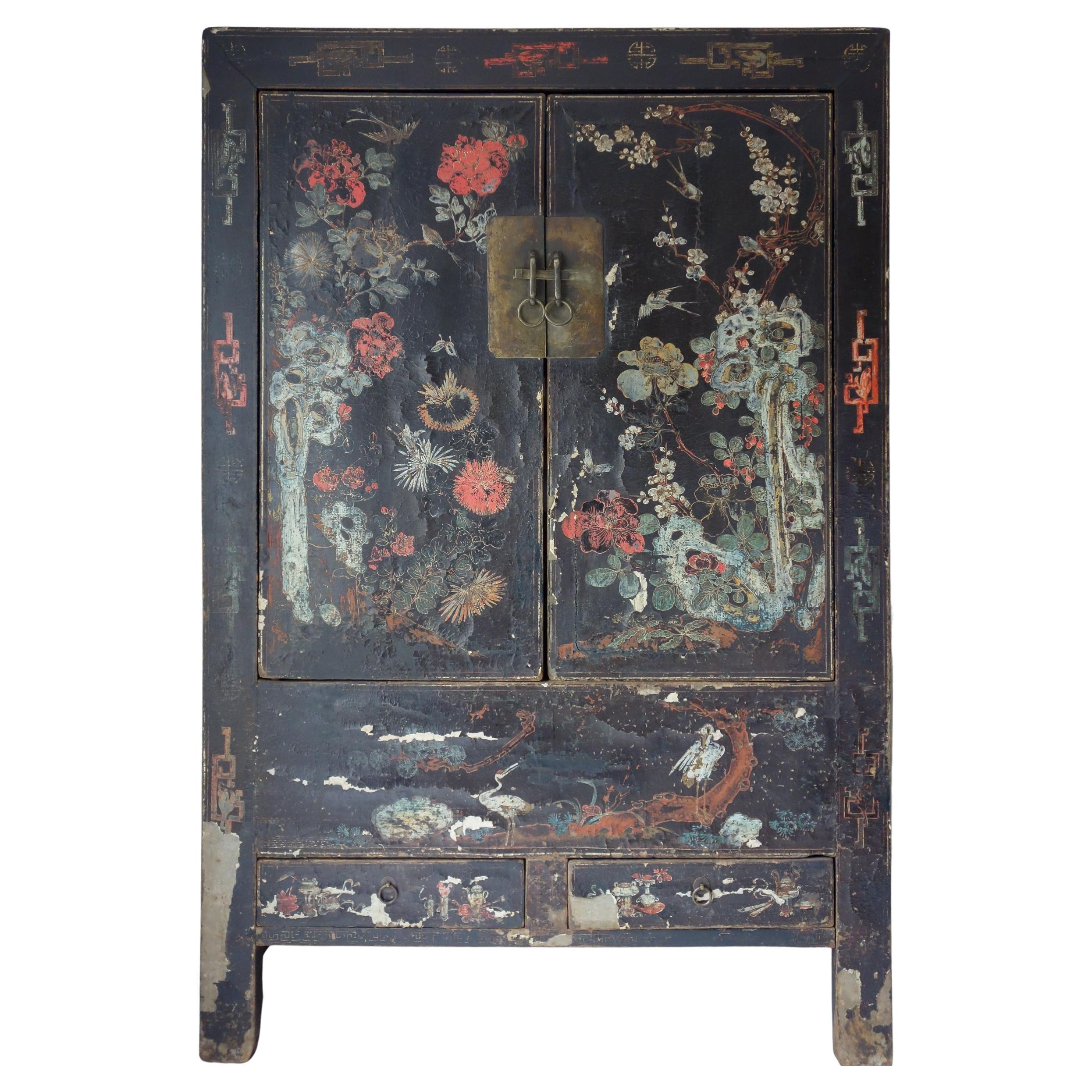 late 19th Century Chinese Painted Lacquer Cabinet with Floral and Crane Motifs