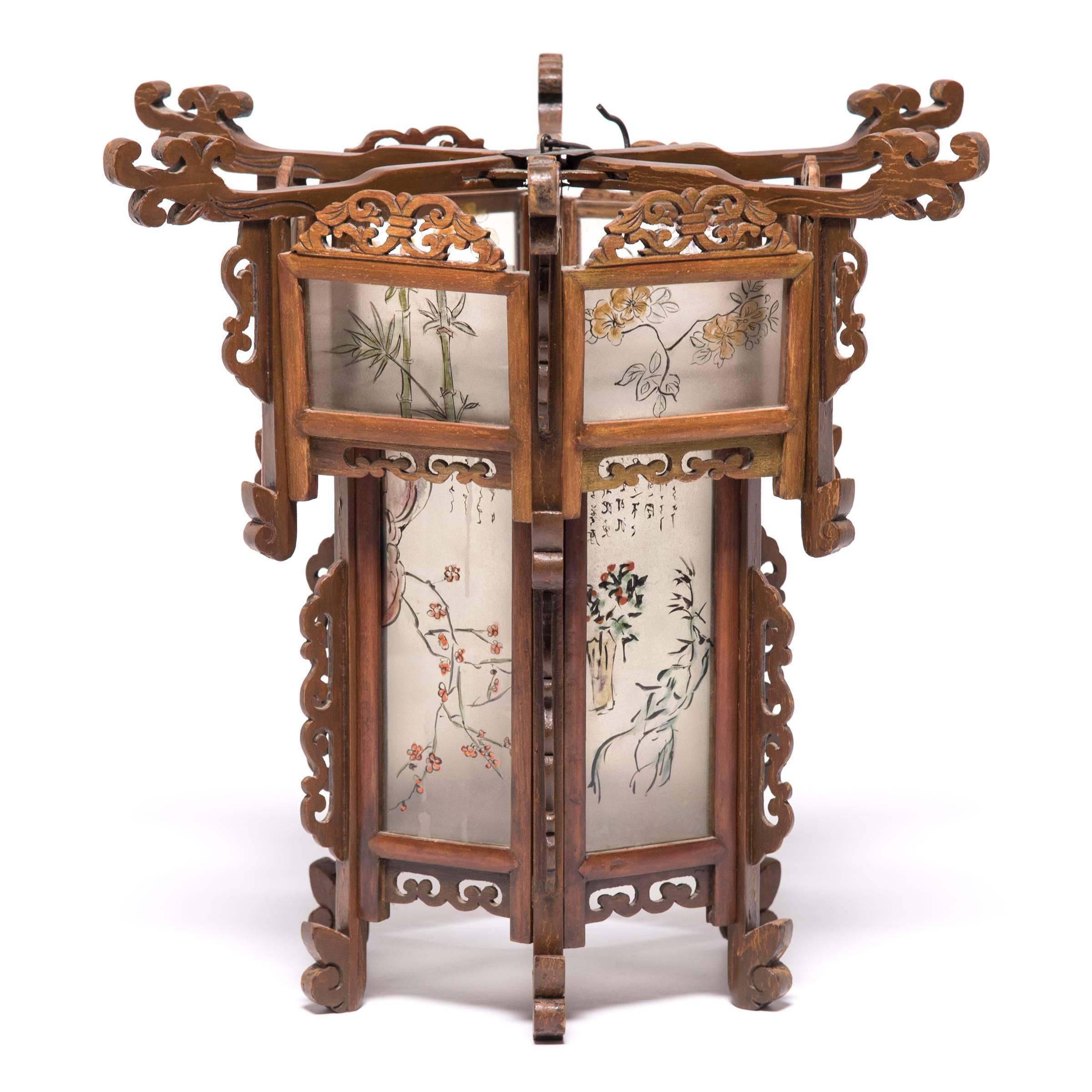 Imagine the magical atmosphere this lantern created, filled with flickering candles to illuminate a very Fine courtyard home in Guangdong province. Intricately carved of prized rosewood, the lantern is made even more exquisite by painted frosted