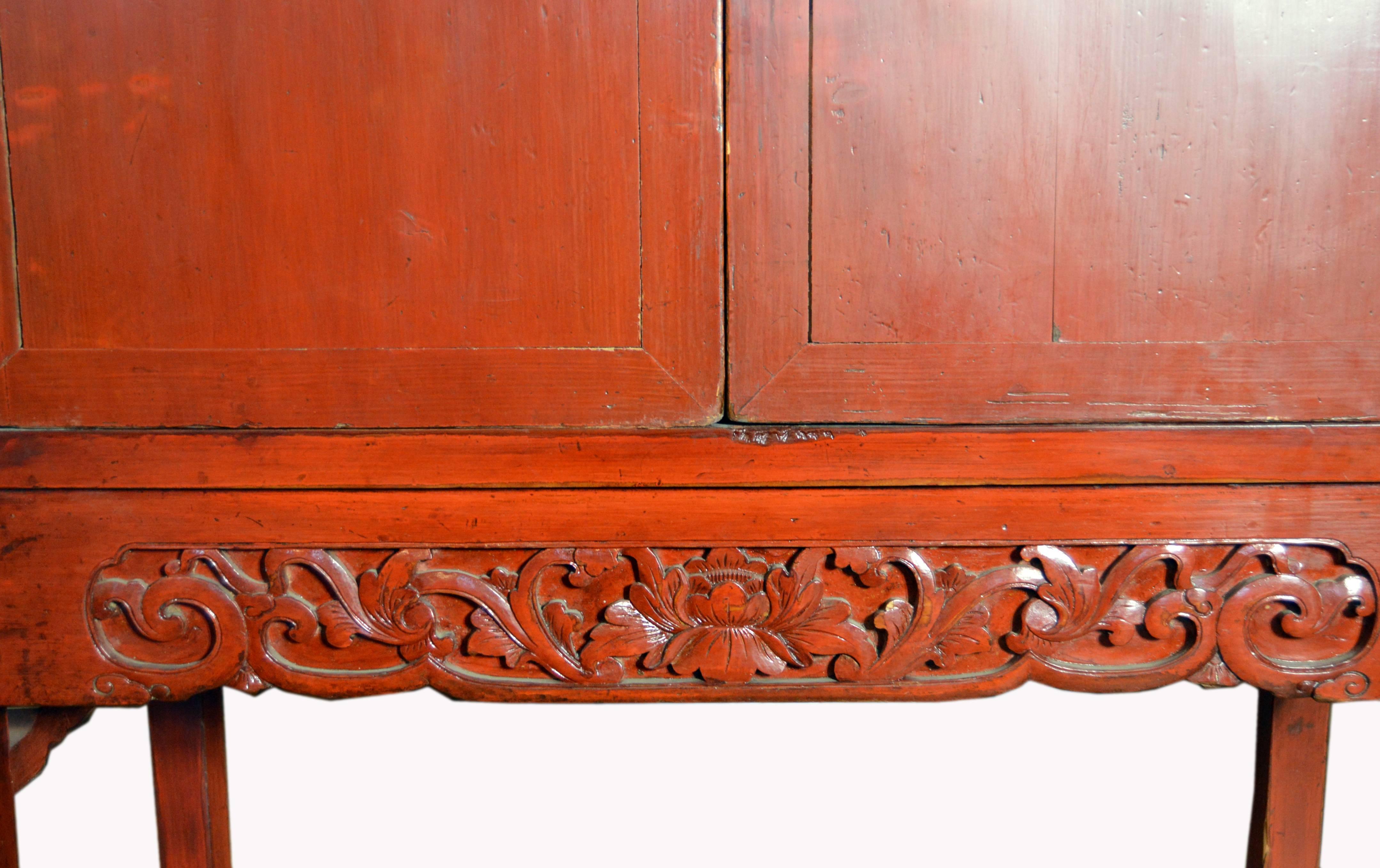 Late 19th Century Chinese Red Lacquered Two-Door Cabinet with Butterfly Hardware In Good Condition In Yonkers, NY