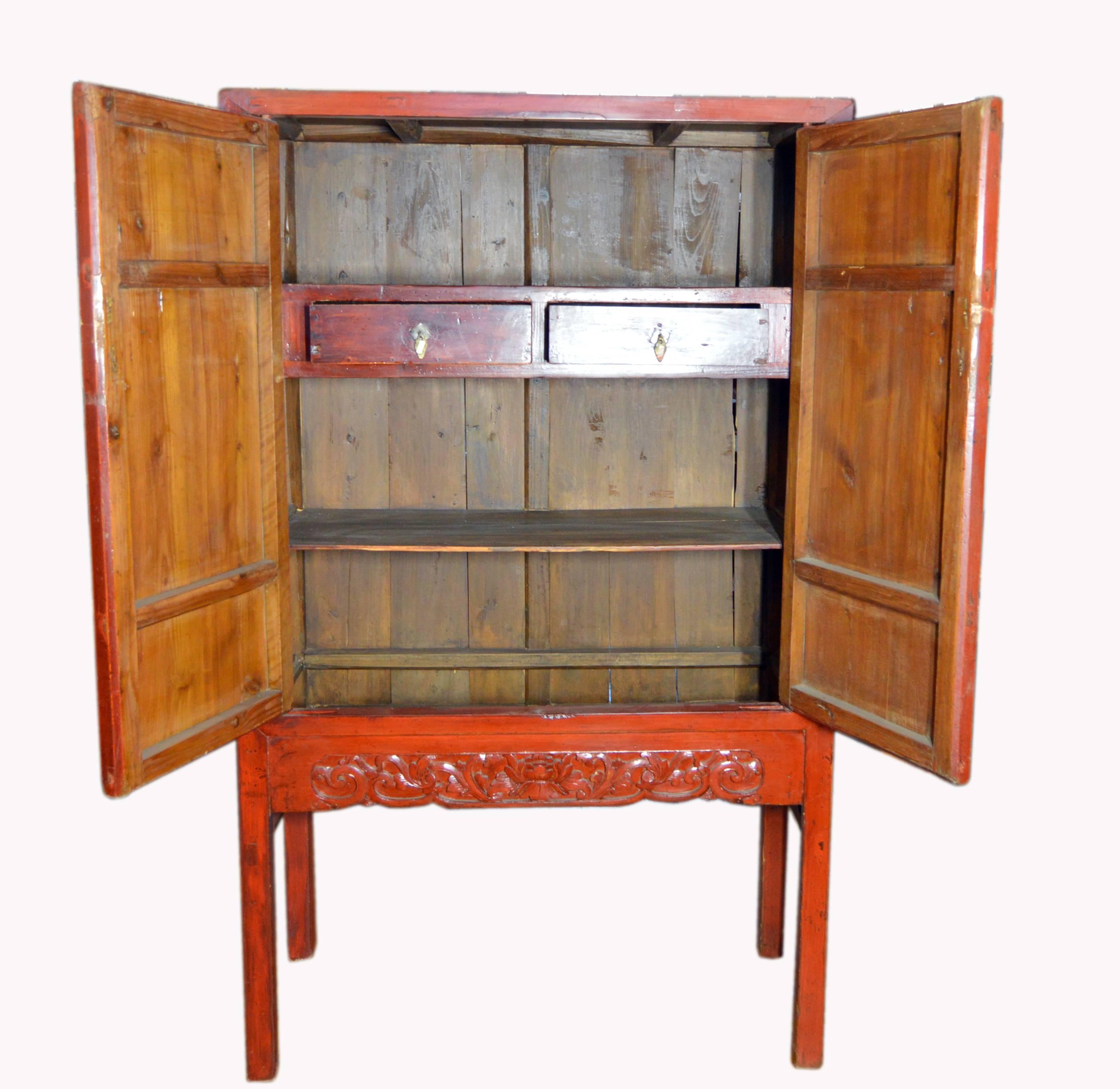 Wood Late 19th Century Chinese Red Lacquered Two-Door Cabinet with Butterfly Hardware