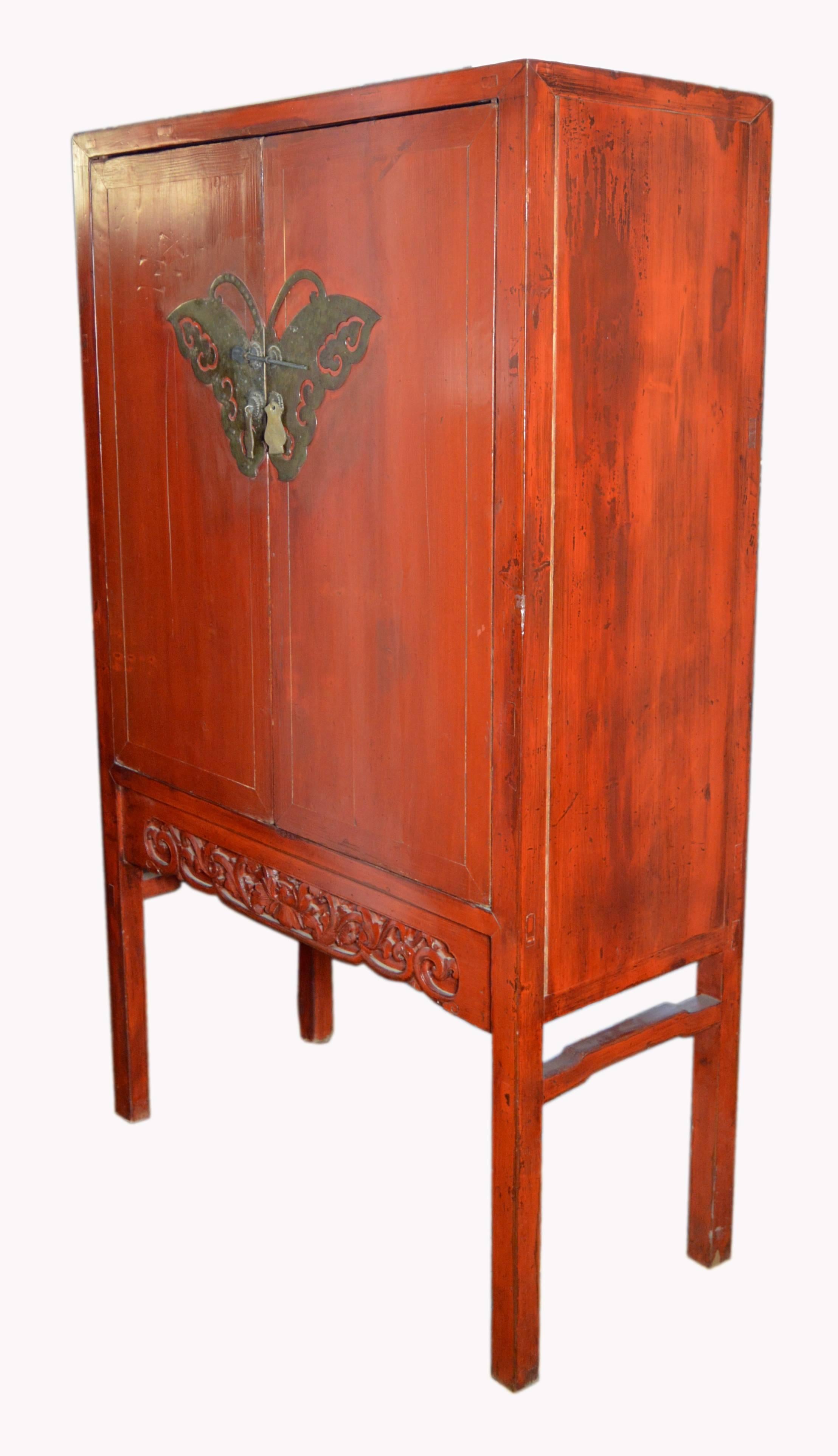 Late 19th Century Chinese Red Lacquered Two-Door Cabinet with Butterfly Hardware 1
