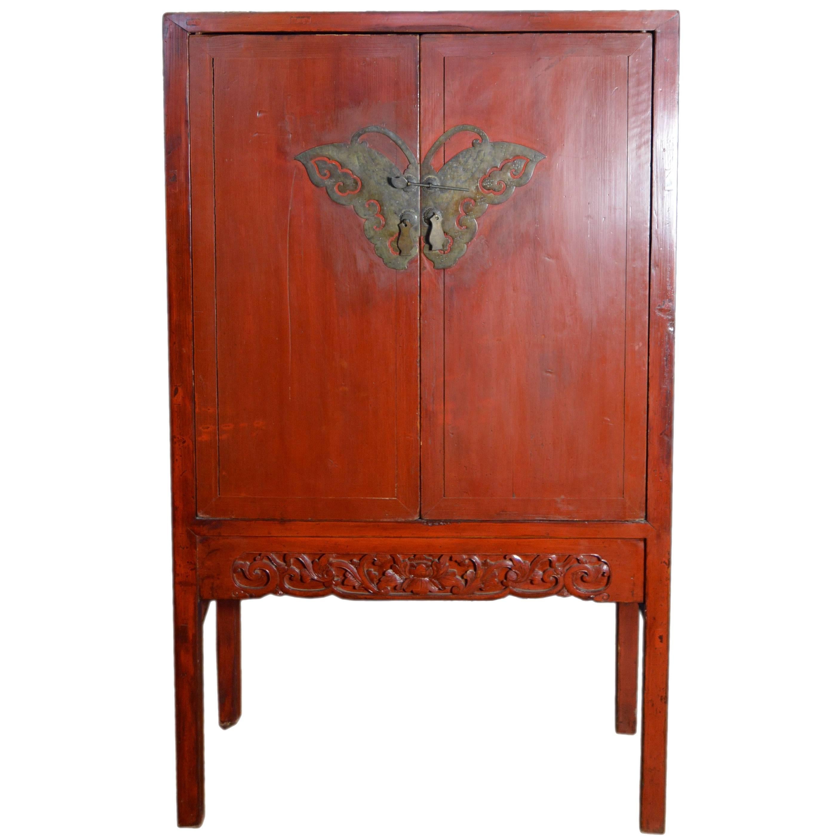 Late 19th Century Chinese Red Lacquered Two-Door Cabinet with Butterfly Hardware